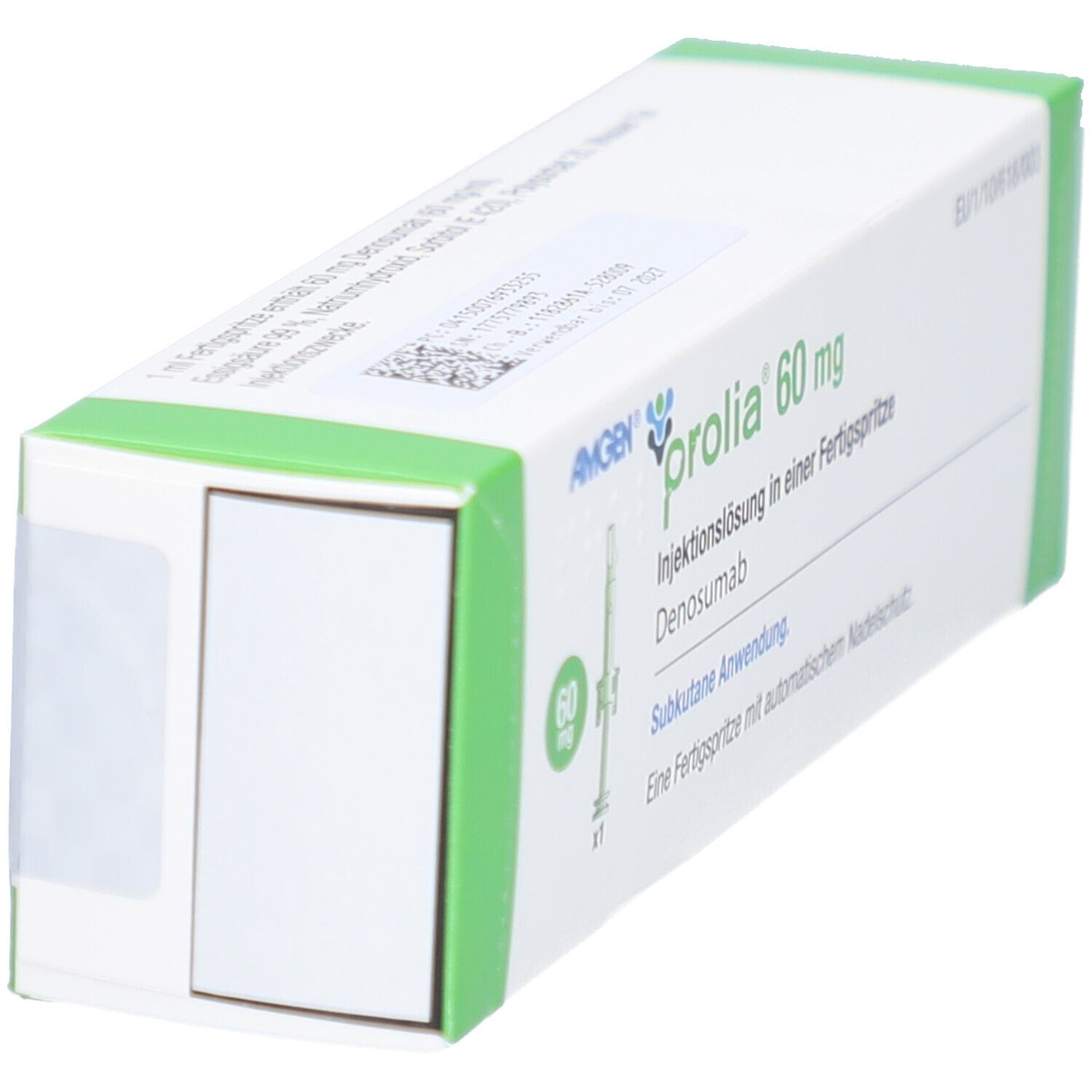 PROLIA 60 mg Schachtel, Seitenansicht. Weiß mit grünen Akzenten. Text und Barcode.