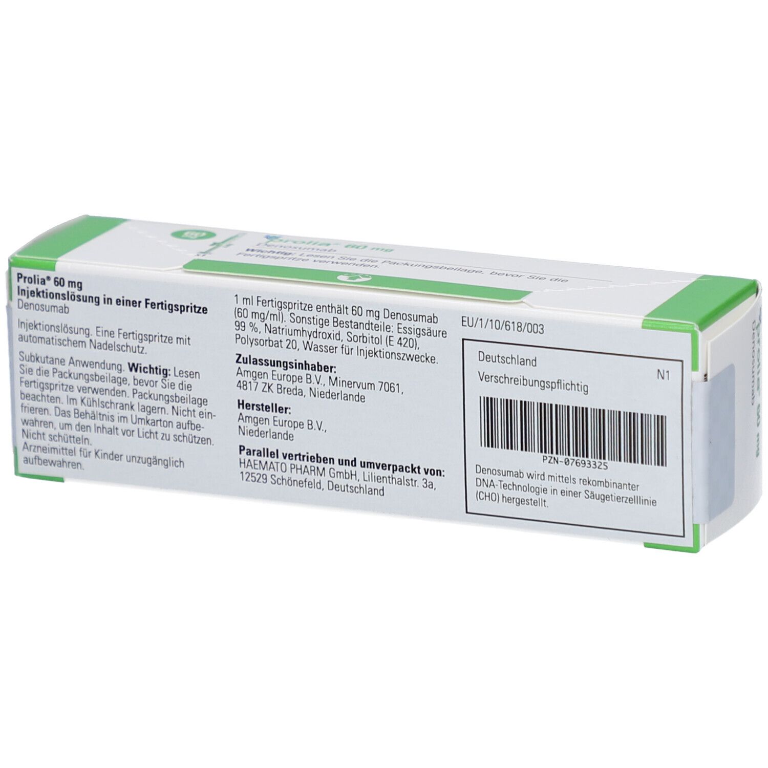 PROLIA 60 mg Schachtel, Rückseite. Textinformationen, Herstellerangaben, Barcode.