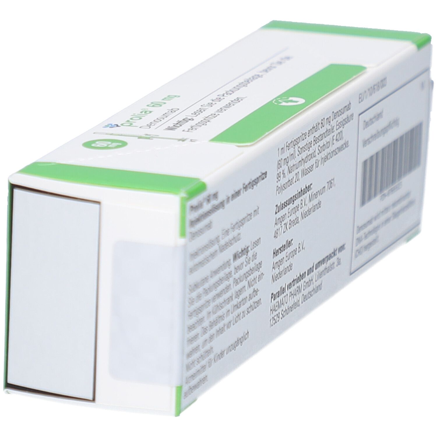 PROLIA 60 mg Schachtel, schräge Ansicht. Weiß mit grünen Akzenten. Text und Barcode.