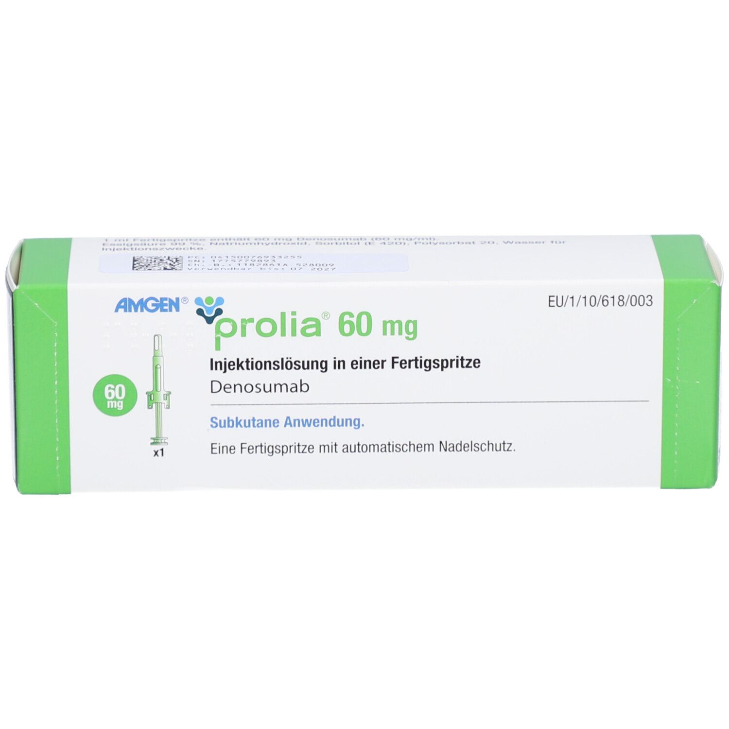 PROLIA 60 mg Fertigspritze. Weiße Schachtel mit grünen Akzenten. Aufdruck: AMGEN, Produktname, Dosierung.