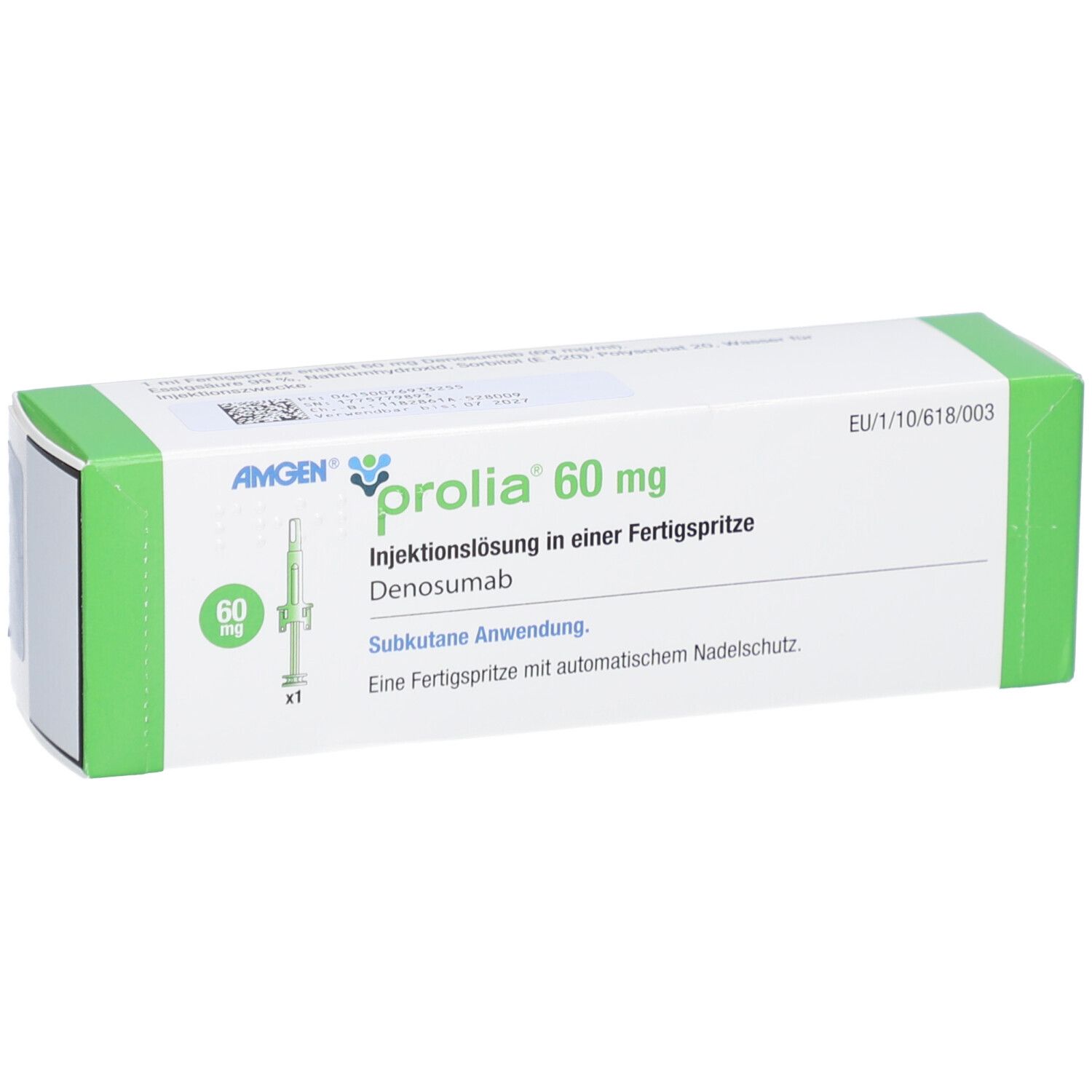 PROLIA 60 mg Fertigspritze. Weiße Schachtel mit grünen Akzenten. Aufdruck: AMGEN, Produktname, Dosierung.