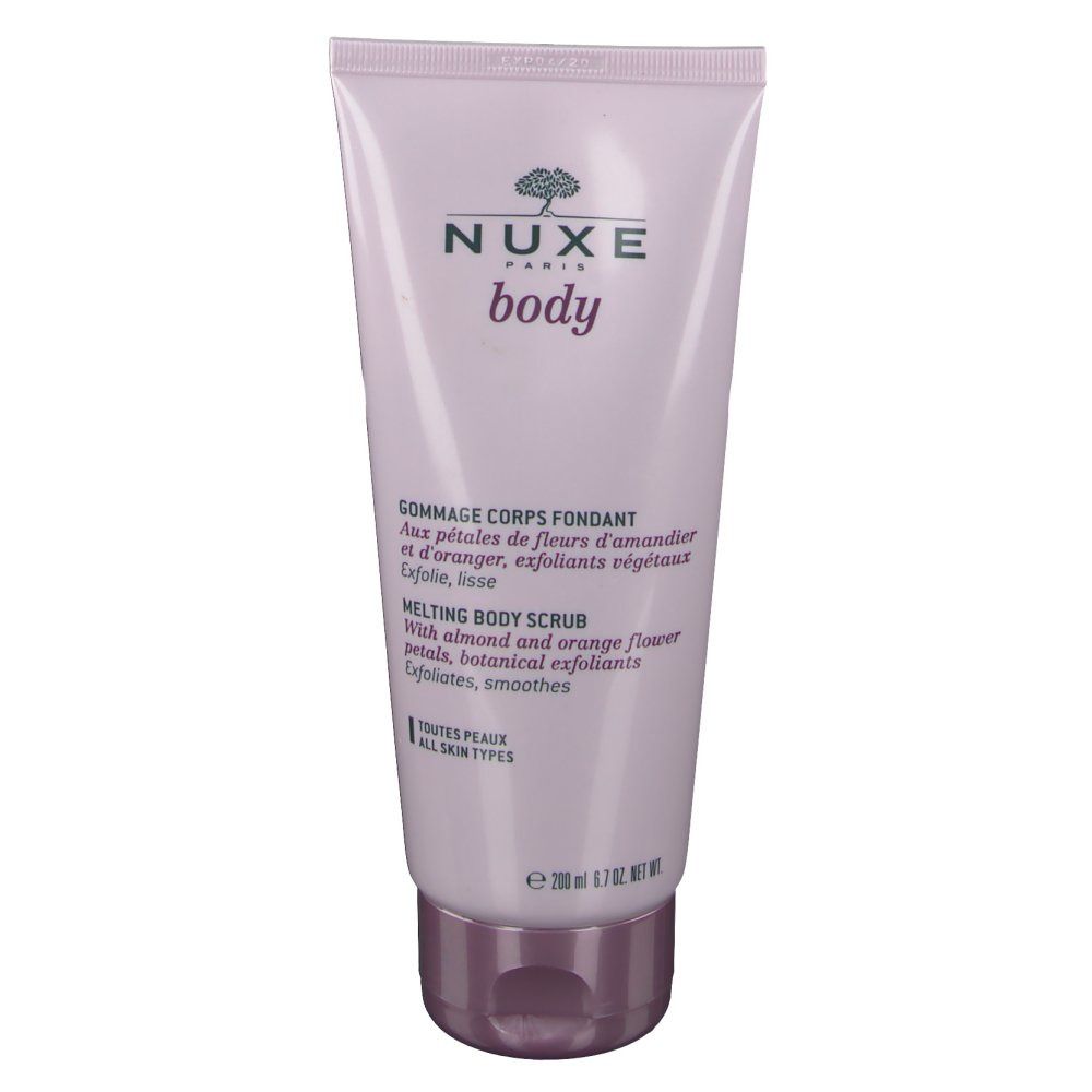 Rosa Tube mit NUXE-Logo und Schriftzug "body". Text: "Gommage Corps Fondant".
