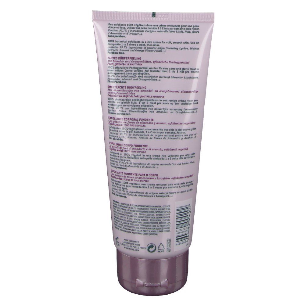 Rückseite einer rosa Tube mit Text. Enthält Informationen über Inhaltsstoffe und Anwendung.