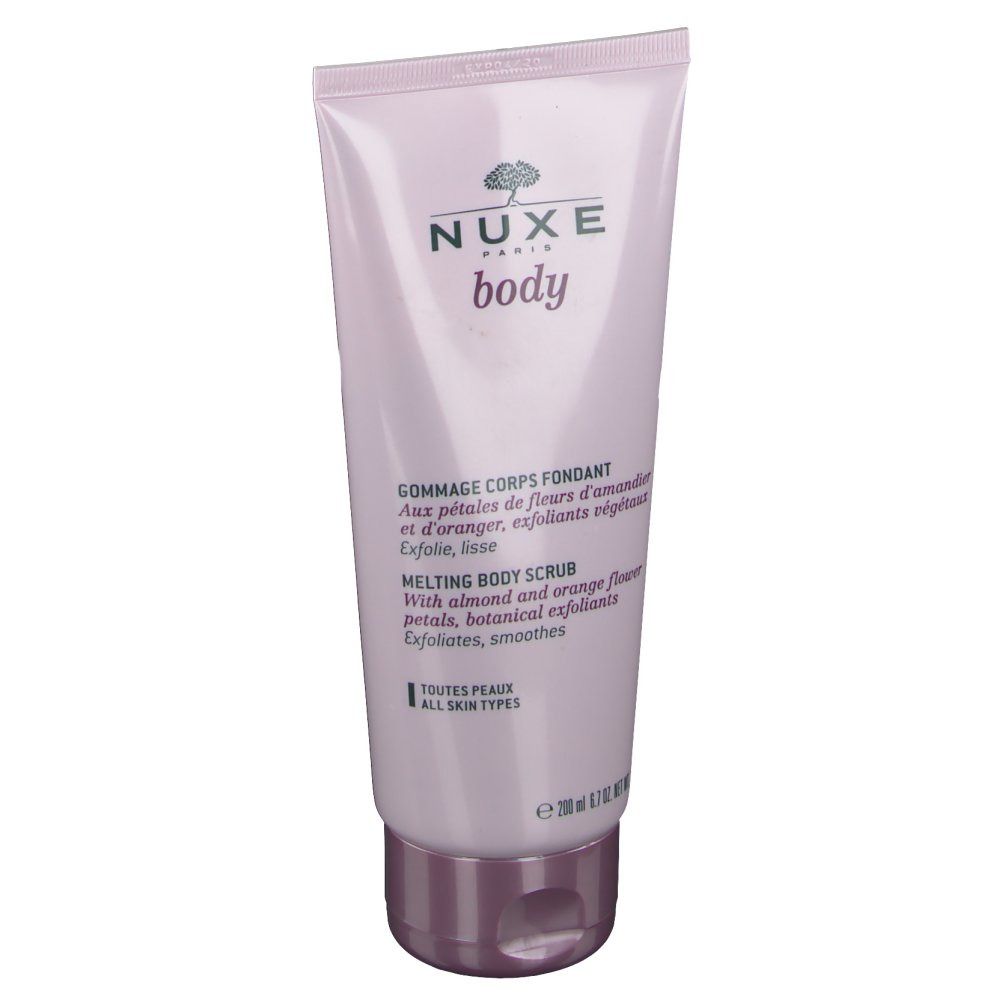 Rosa Tube mit NUXE-Logo und Schriftzug "body". Text: "Gommage Corps Fondant".