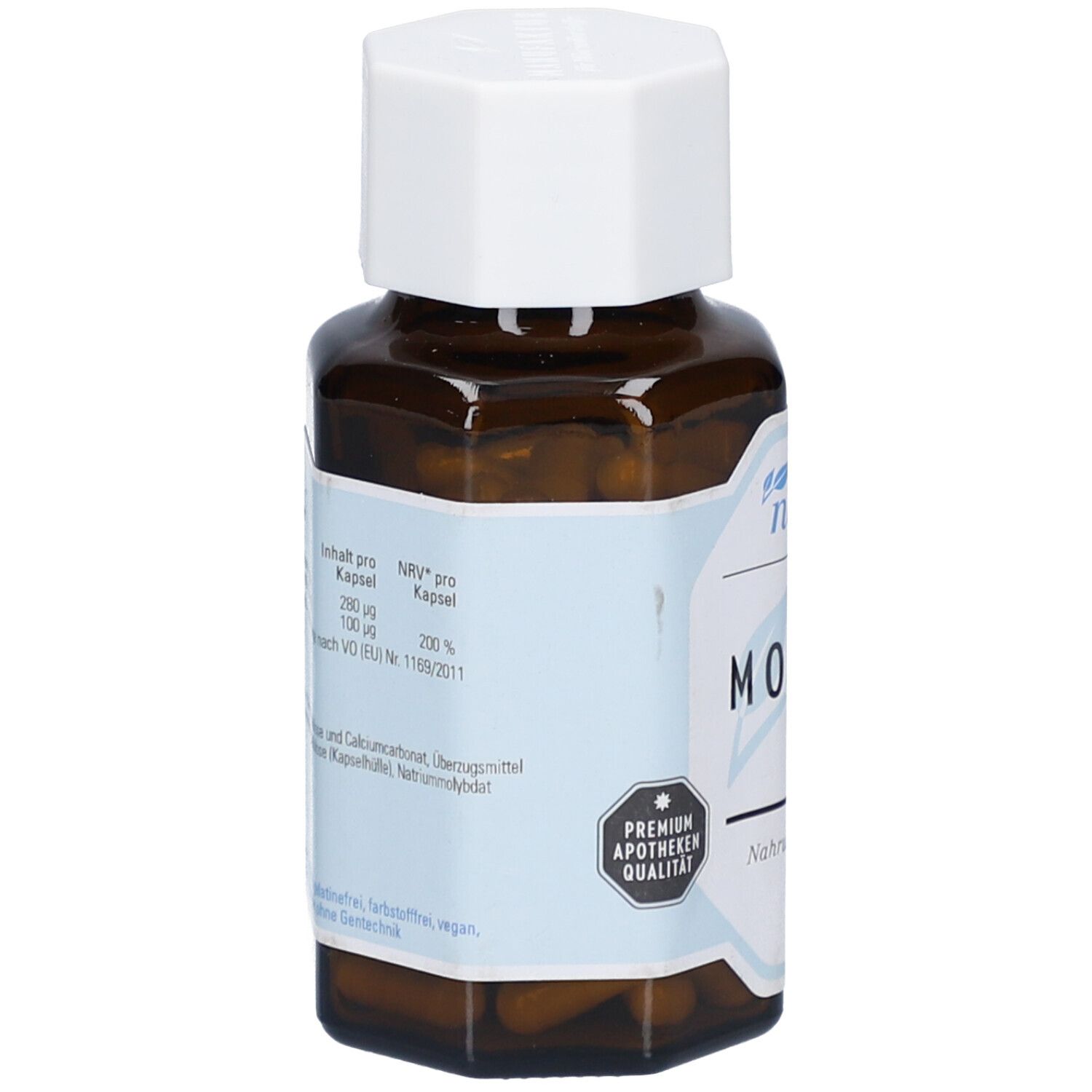Rückansicht einer braunen Glasflasche mit weißem Deckel. Etikett mit Informationen zu Inhaltsstoffen und Nährwerten. Premium Apotheken Qualität.