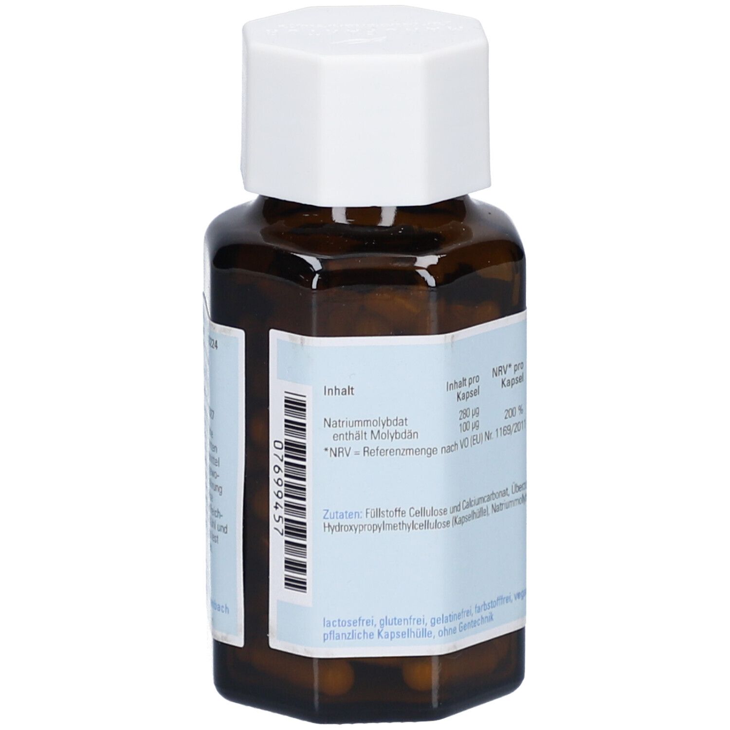 Rückansicht einer braunen Glasflasche mit weißem Deckel. Etikett mit Inhaltsstoffen, Nährwerten und Barcode. Premium Apotheken Qualität.