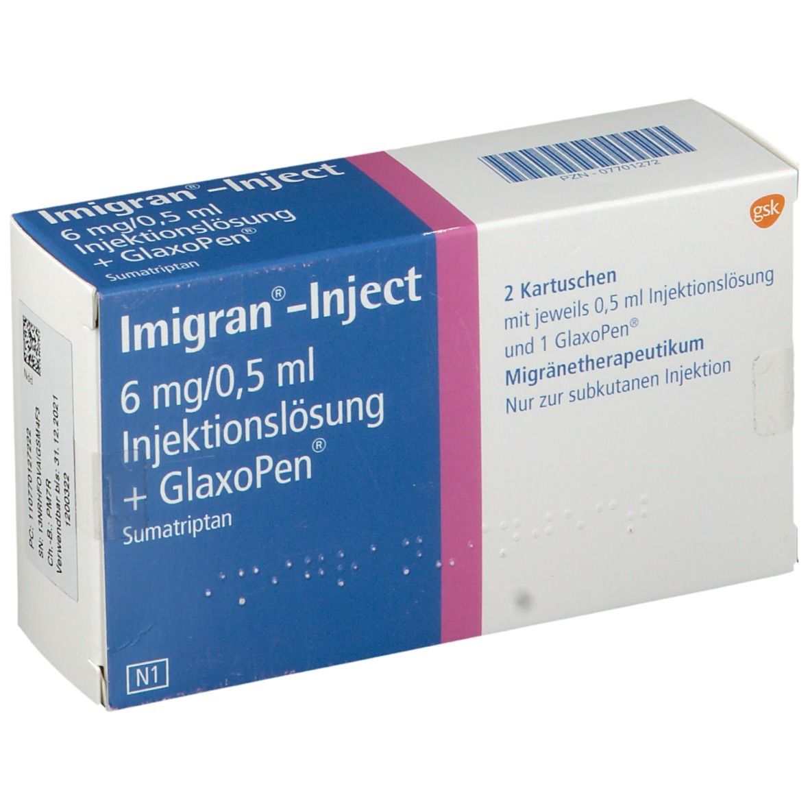 Schachtel mit 'Imigran-Inject'. Enthält 2 Kartuschen und 1 Glaxopen. Text in Deutsch.