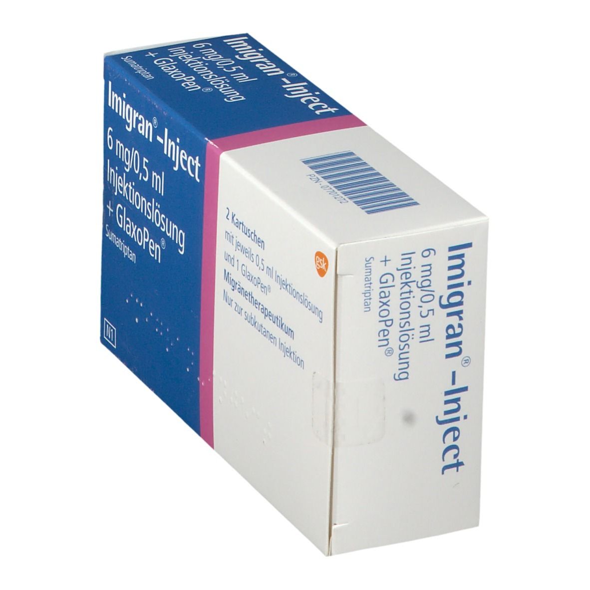 Schachtel 'Imigran-Inject'. Enthält 2 Kartuschen und 1 Glaxopen. Text in Deutsch.