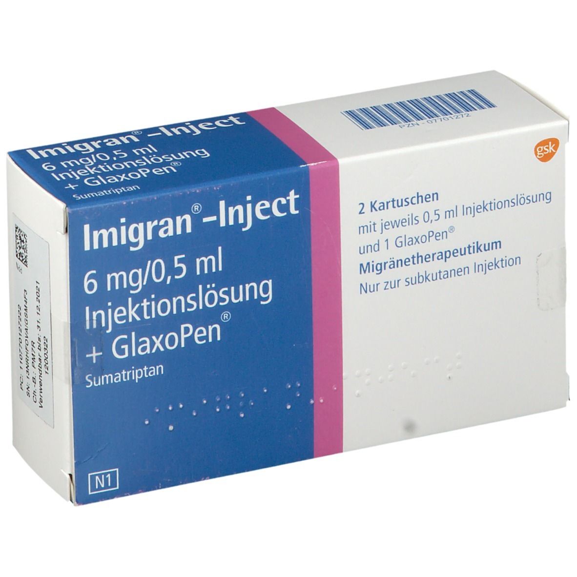 Schachtel mit 'Imigran-Inject'. Enthält 2 Kartuschen und 1 Glaxopen. Text in Deutsch.