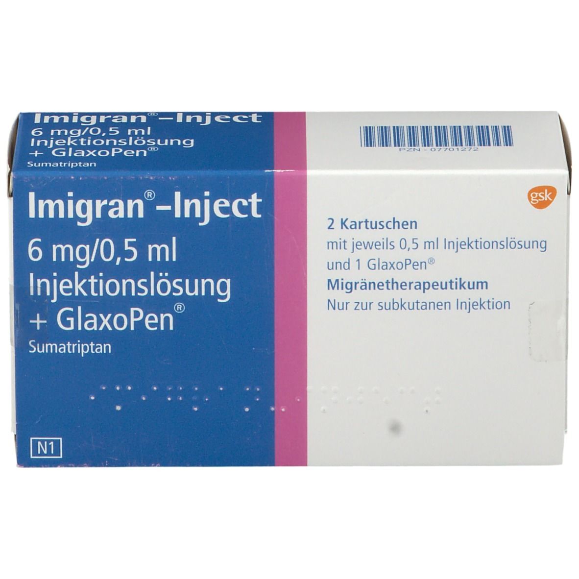 Schachtel 'Imigran-Inject'. Enthält 2 Kartuschen und 1 Glaxopen. Text in Deutsch.