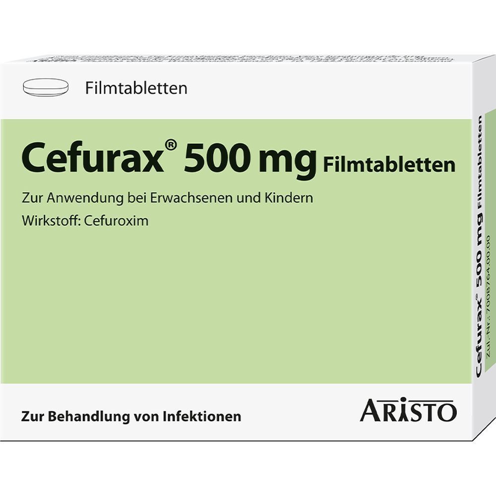 Cefurax 500 mg Filmtabletten-Packung. Grün-weiß. Text: Zur Anwendung bei Erwachsenen und Kindern. Wirkstoff: Cefuroxim. Marke: Aristo.