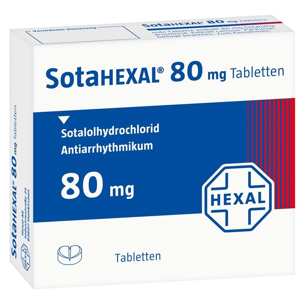 Weiße Schachtel mit SotaHEXAL 80 mg Tabletten. Blaue Fläche mit Produktinformationen und HEXAL-Logo. Tabletten-Symbol.