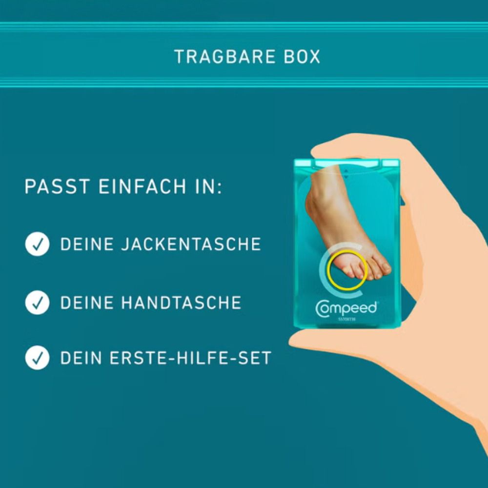 Illustration: Tragbare Box mit Compeed® Hühneraugenpflaster. Text: Passt in Jacken-, Handtasche und Erste-Hilfe-Set.