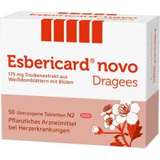 Schachtel mit Esbericard® novo Dragees. Enthält 50 Tabletten. Aufschrift: 175 mg Trockenextrakt aus Weißdornblättern mit Blüten.