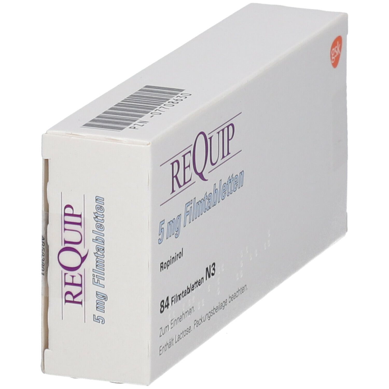Schachtel REQUIP 5 mg Filmtabletten. Aufschrift: 84 Filmtabletten N3. Logo GSK. Barcode.