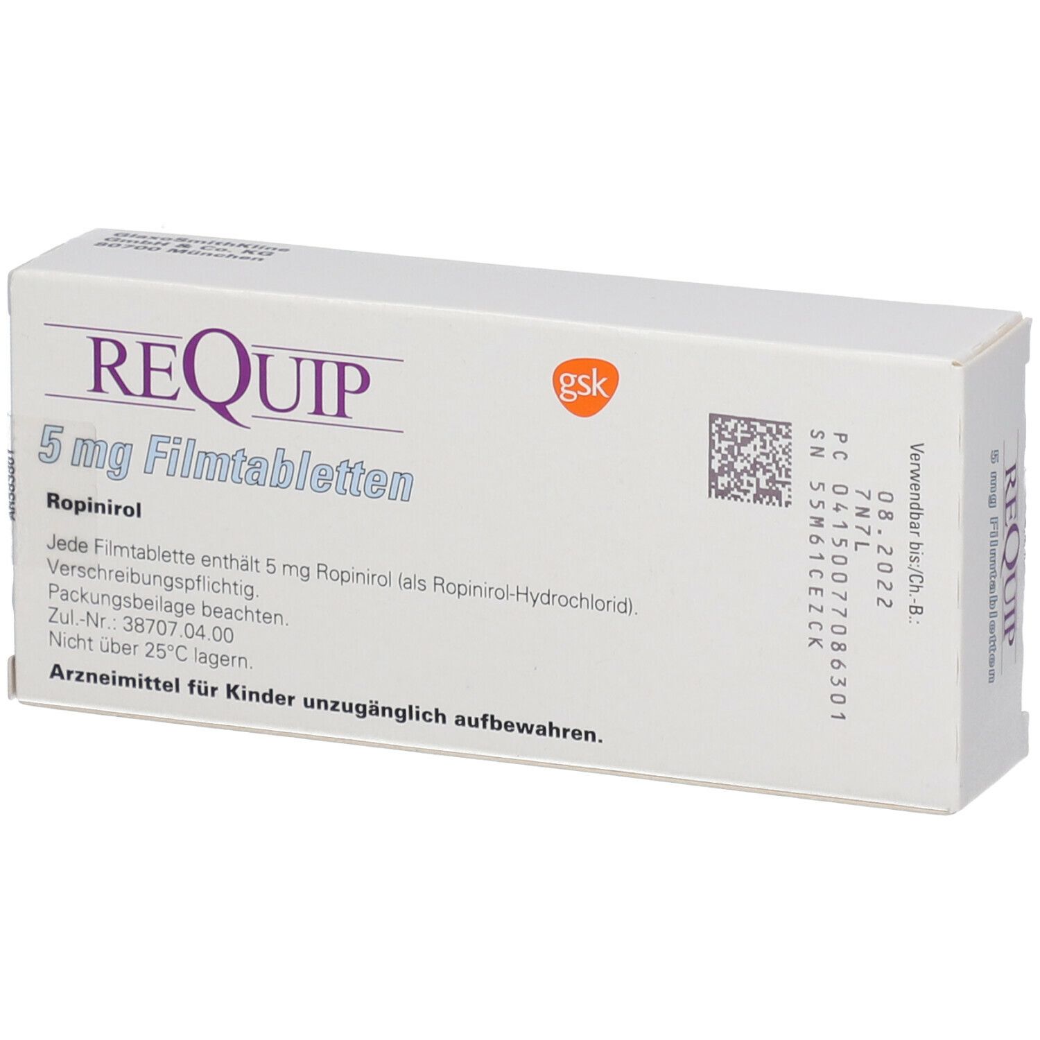 Schachtel REQUIP 5 mg Filmtabletten. Aufschrift: 84 Filmtabletten N3. Logo GSK. Text und QR-Code.