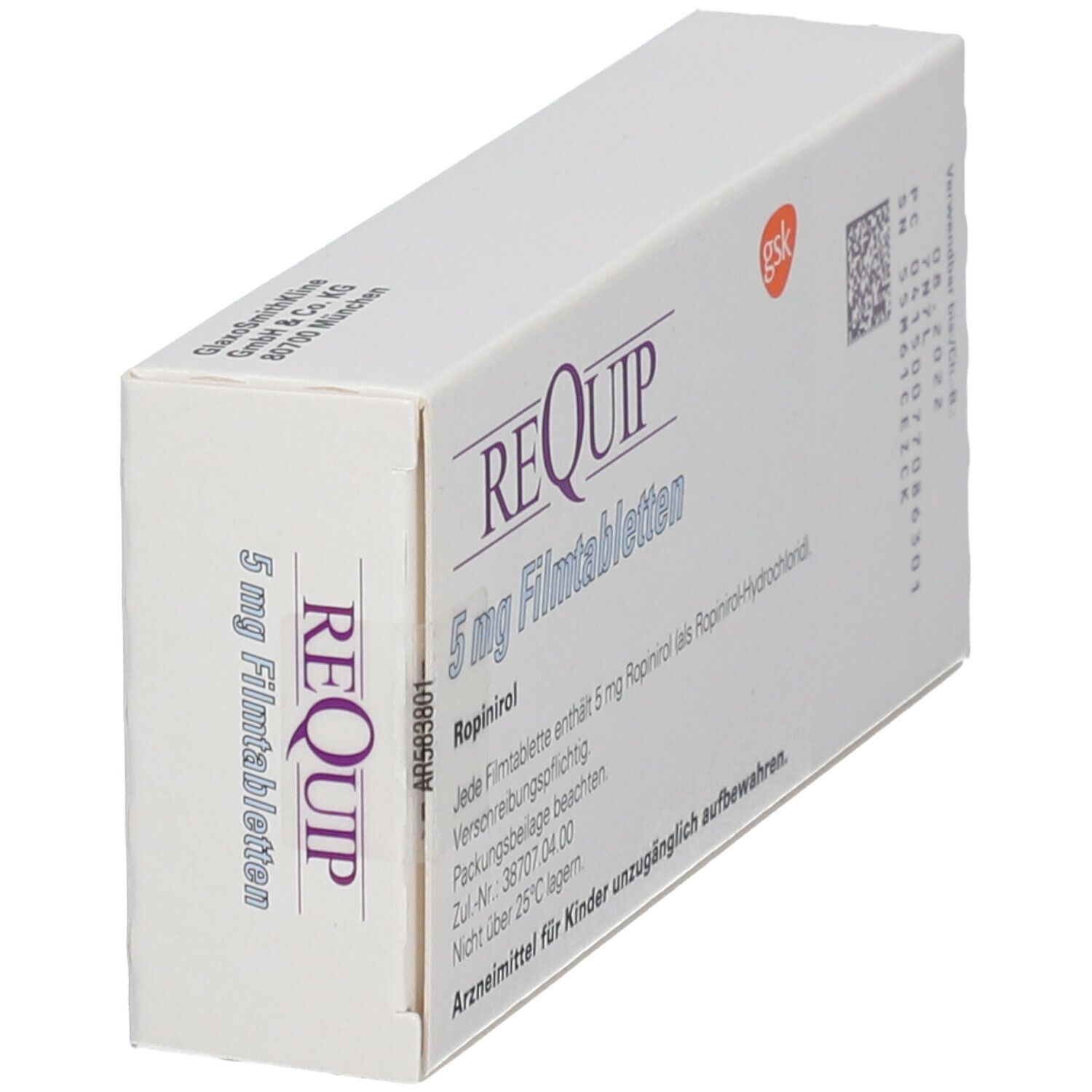 Schachtel REQUIP 5 mg Filmtabletten. Aufschrift: 84 Filmtabletten N3. Logo GSK. Text und QR-Code.