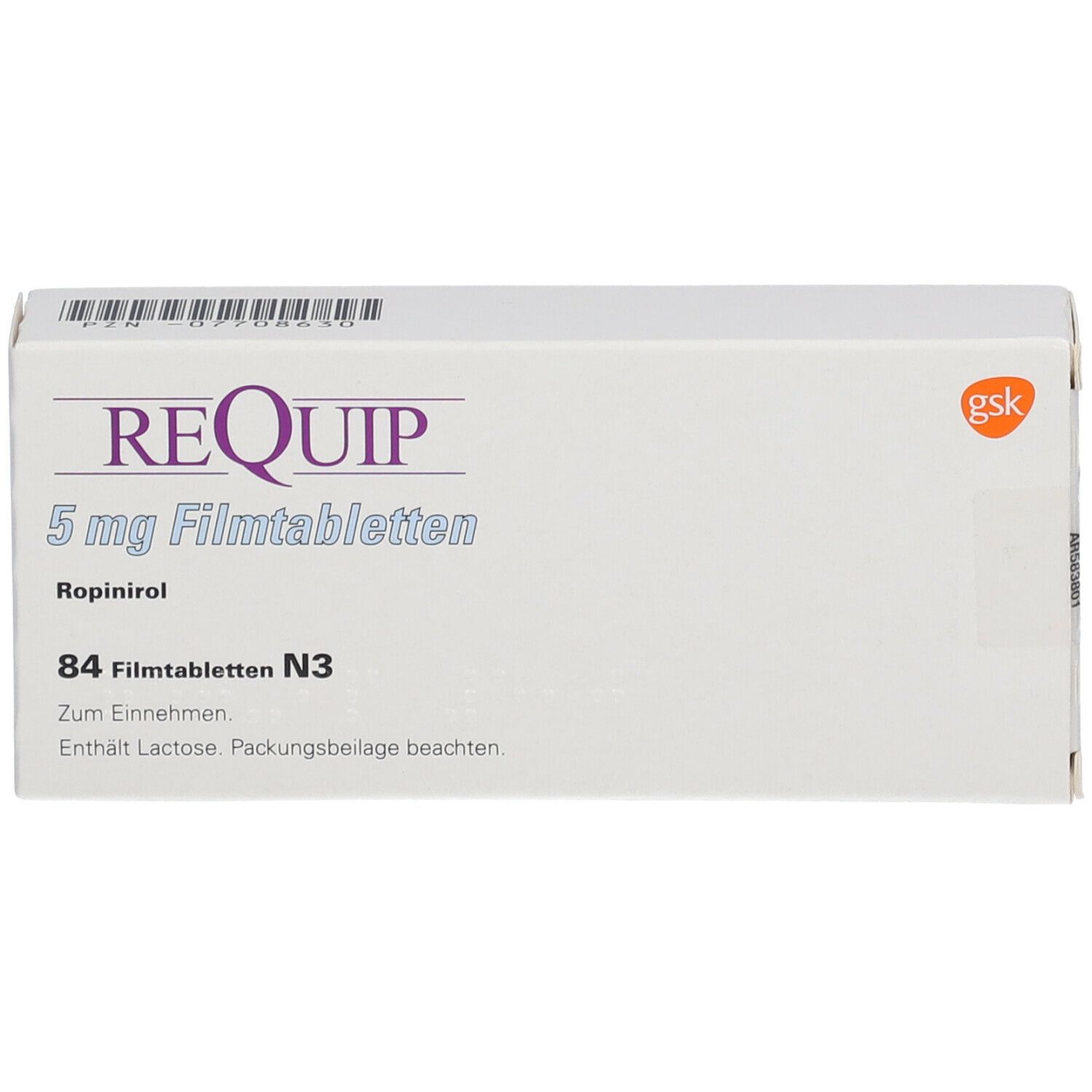 Schachtel REQUIP 5 mg Filmtabletten. Aufschrift: 84 Filmtabletten N3. Logo GSK.