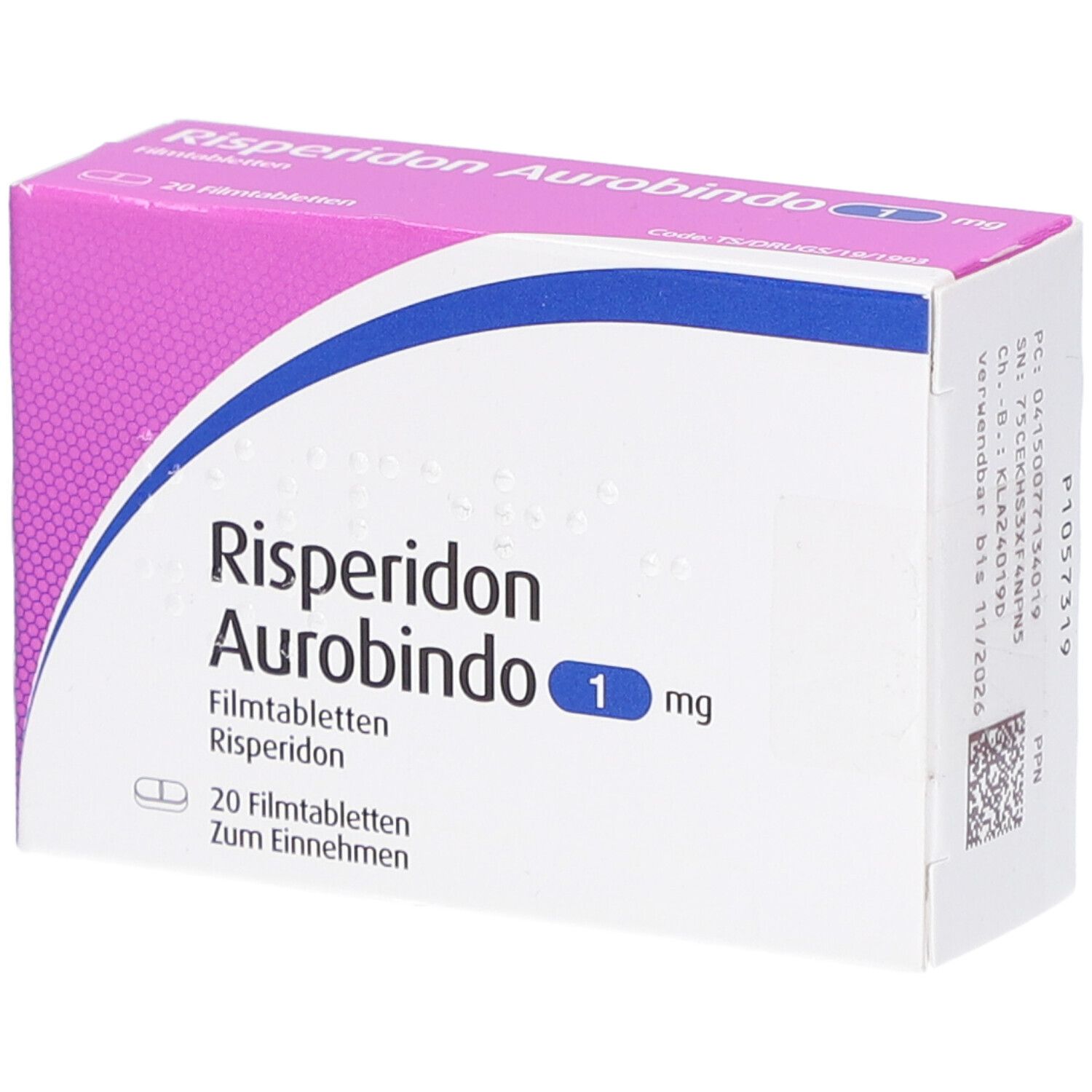 Schachtel mit Risperidon Aurobindo 1 mg Filmtabletten. Rosa-weiße Verpackung mit blauer Linie. 20 Tabletten.