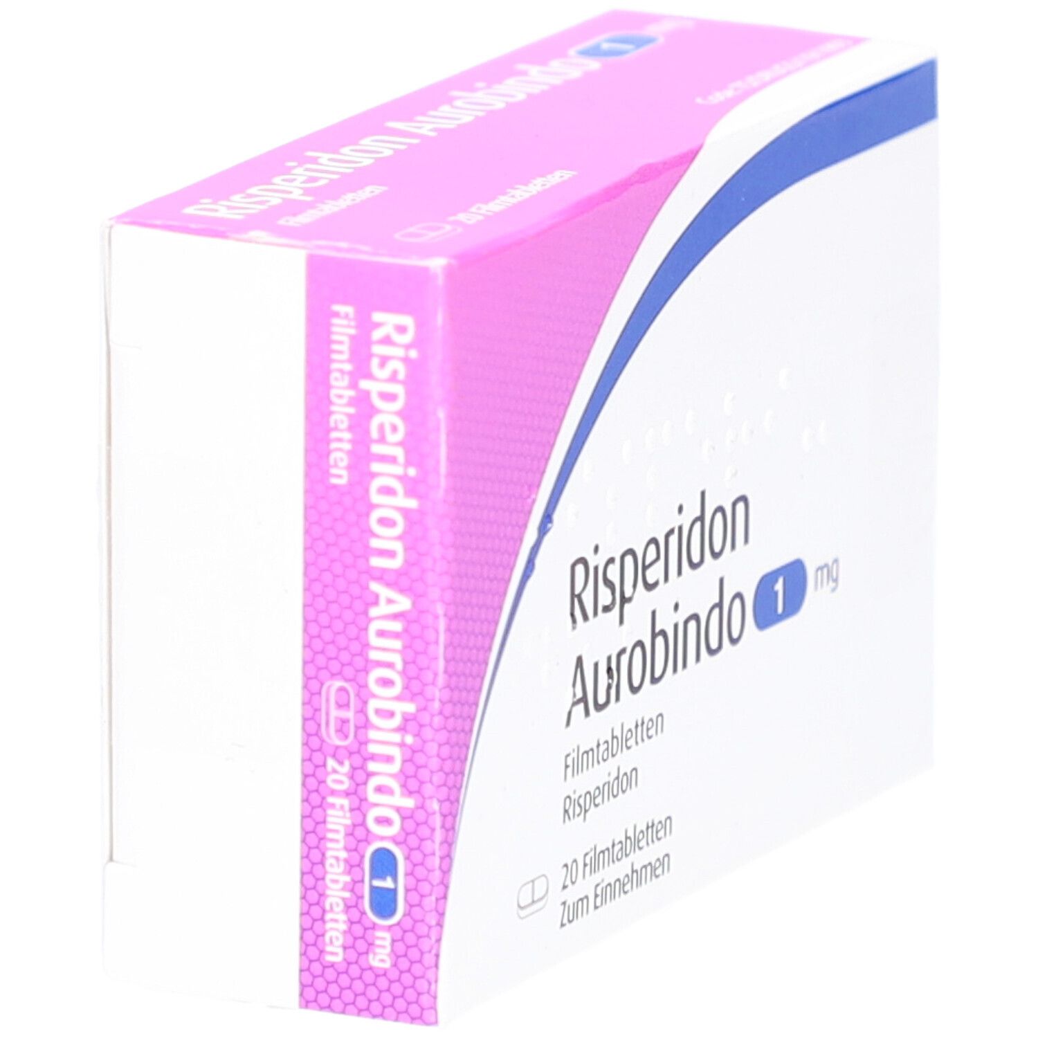 Schachtel Risperidon Aurobindo 1 mg Filmtabletten. Rosa-weiße Verpackung mit blauer Linie. 20 Tabletten. Schrägansicht.