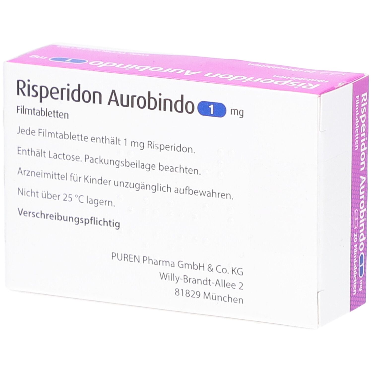 Schachtel Risperidon Aurobindo 1 mg Filmtabletten. Text: 'Jede Filmtablette enthält 1 mg Risperidon'. Weiße Verpackung.