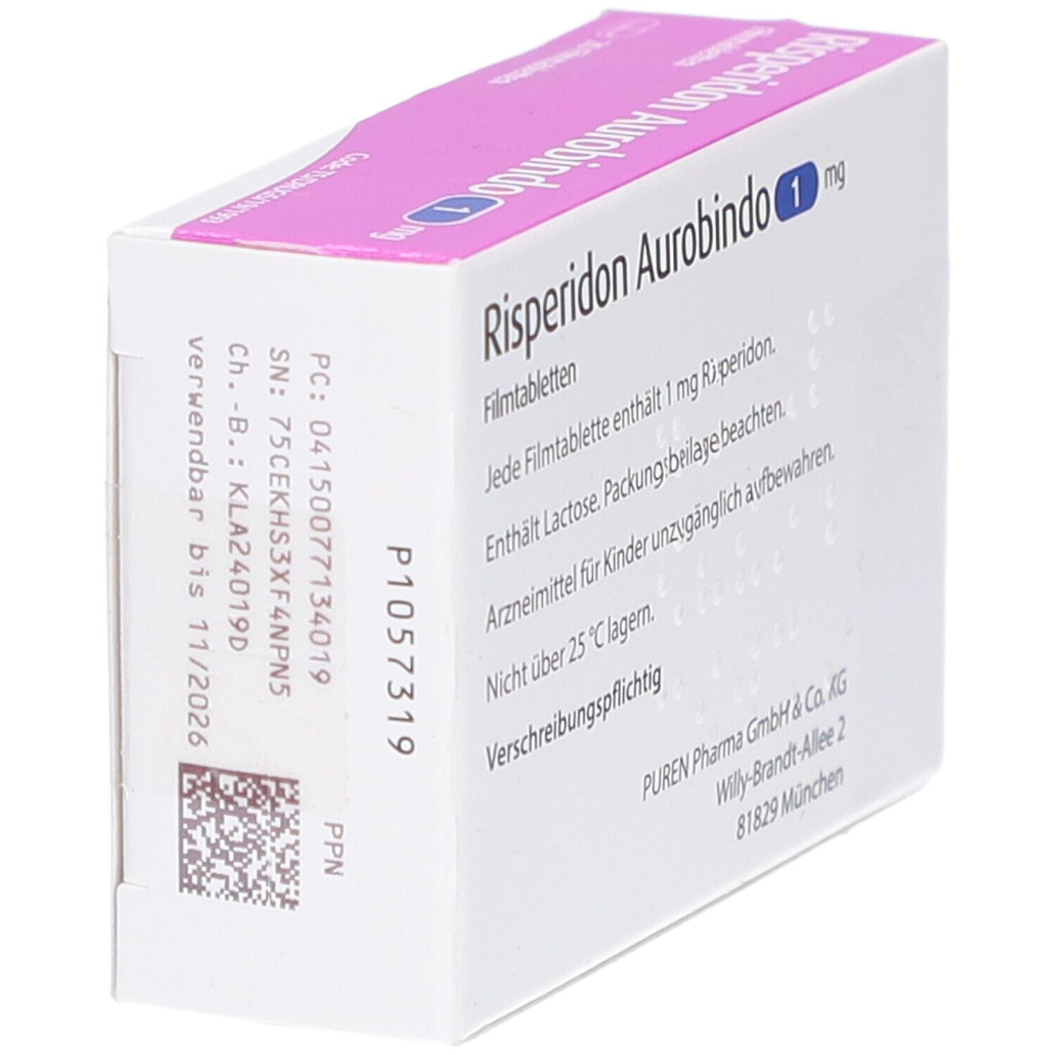 Schachtel Risperidon Aurobindo 1 mg Filmtabletten. Text: 'Jede Filmtablette enthält 1 mg Risperidon'. Weiße Verpackung. Rückseite.