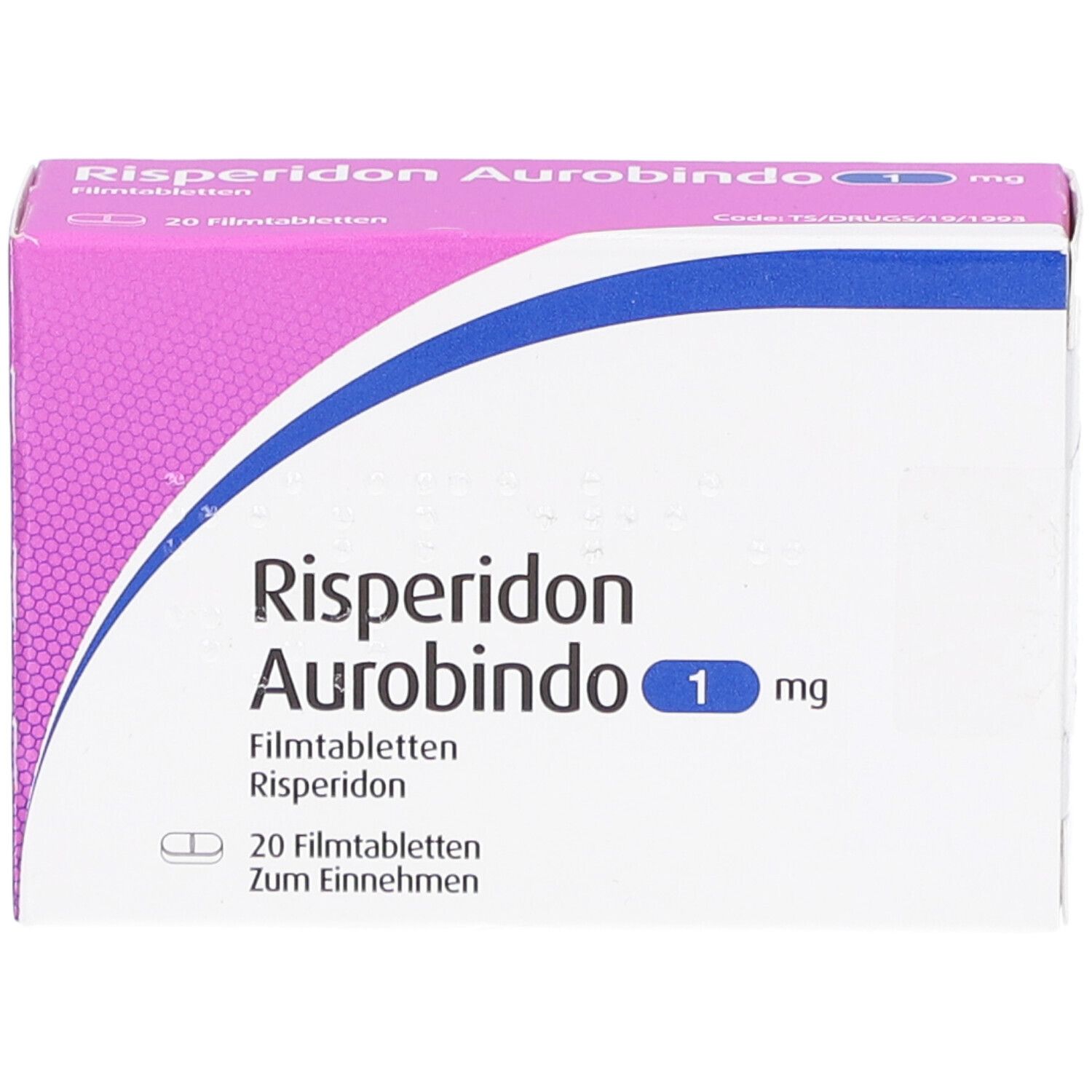 Schachtel Risperidon Aurobindo 1 mg Filmtabletten. Rosa-weiße Verpackung mit blauer Linie. 20 Tabletten.