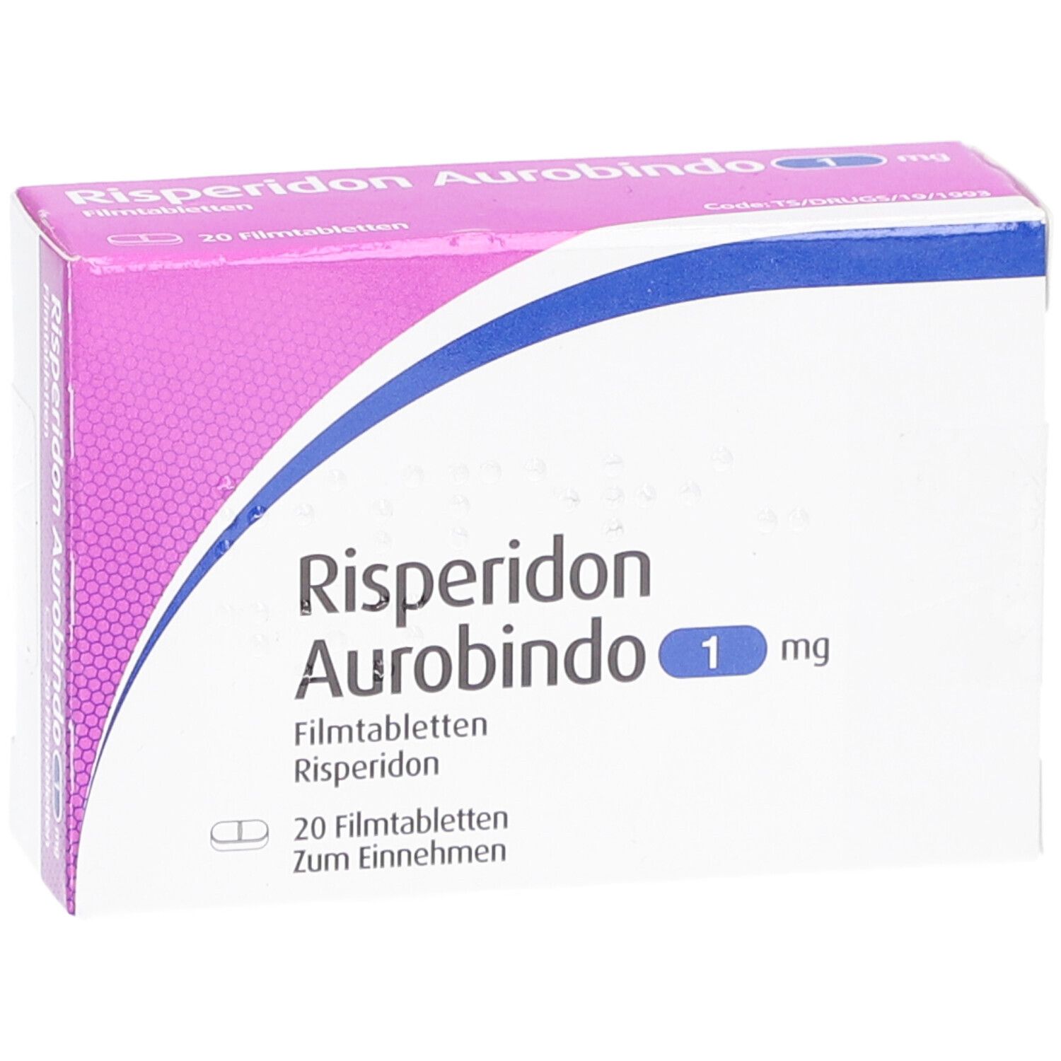 Schachtel Risperidon Aurobindo 1 mg Filmtabletten. Rosa-weiße Verpackung mit blauer Linie. 20 Tabletten.