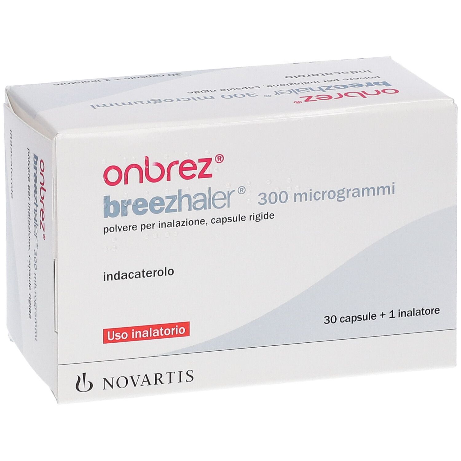 Schachtel mit Produktnamen und Dosierung. Enthält 30 Kapseln und einen Inhalator. Rote Aufschrift 'Uso inalatorio'.