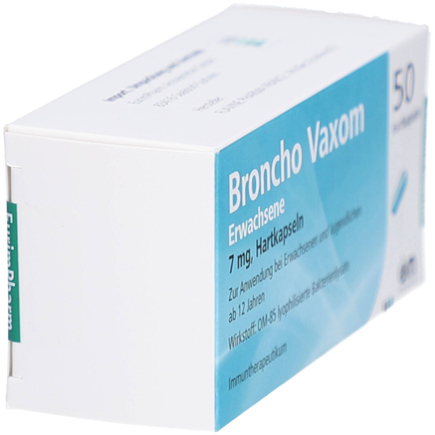 Schachtel "Broncho Vaxom Erwachsene". Seitenansicht mit Text und Logo.