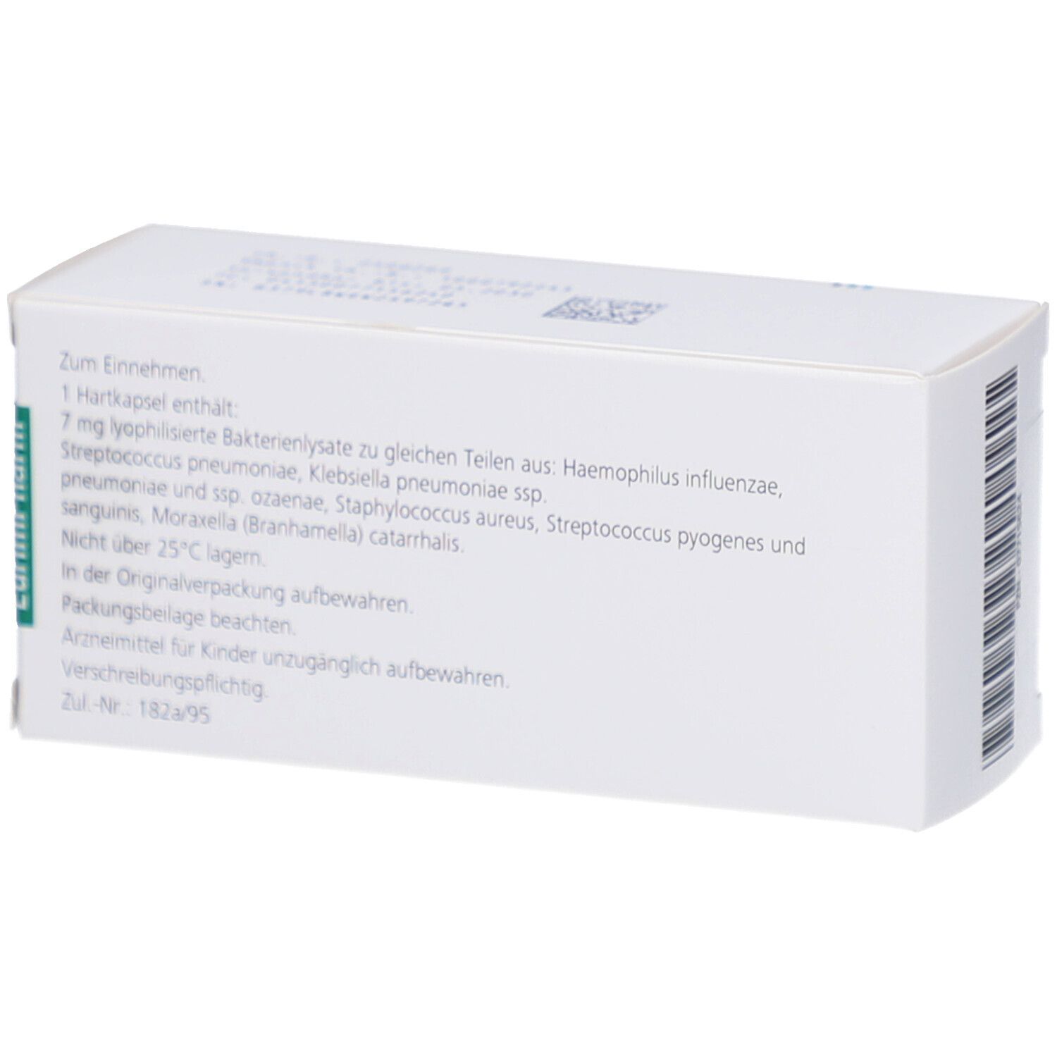 Rückseite der Schachtel "Broncho Vaxom Erwachsene" mit Text. Enthält Informationen.