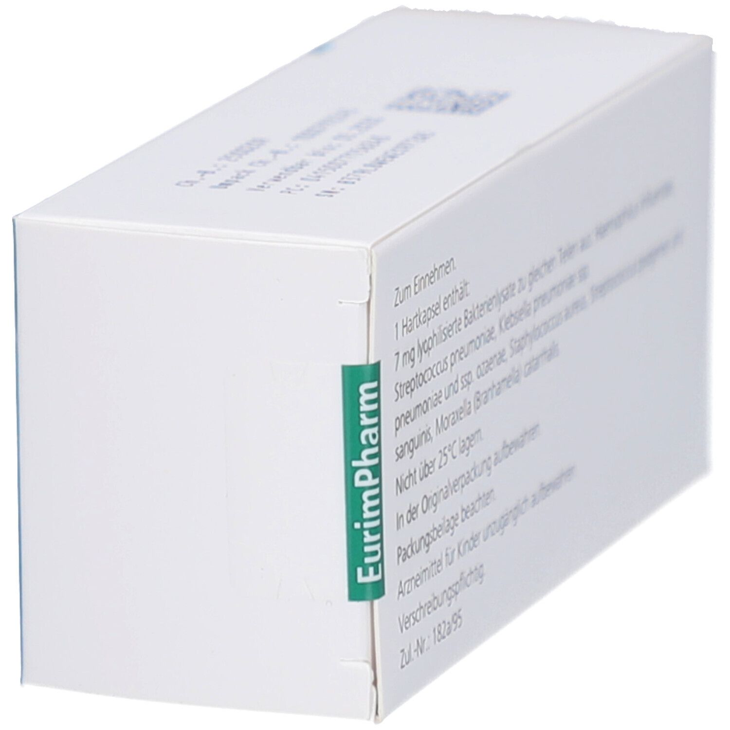 Seitenansicht der Schachtel "Broncho Vaxom Erwachsene" mit Text. EurimPharm-Logo.