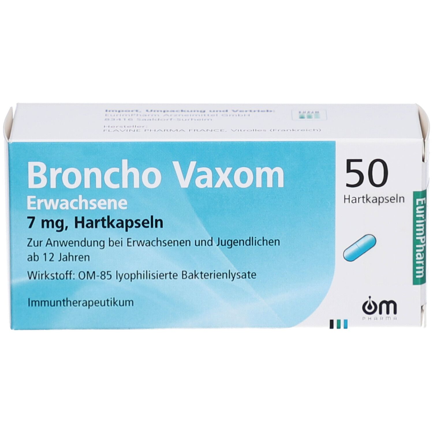 Schachtel "Broncho Vaxom Erwachsene" mit 50 Hartkapseln. Blaue Kapsel-Abbildung.