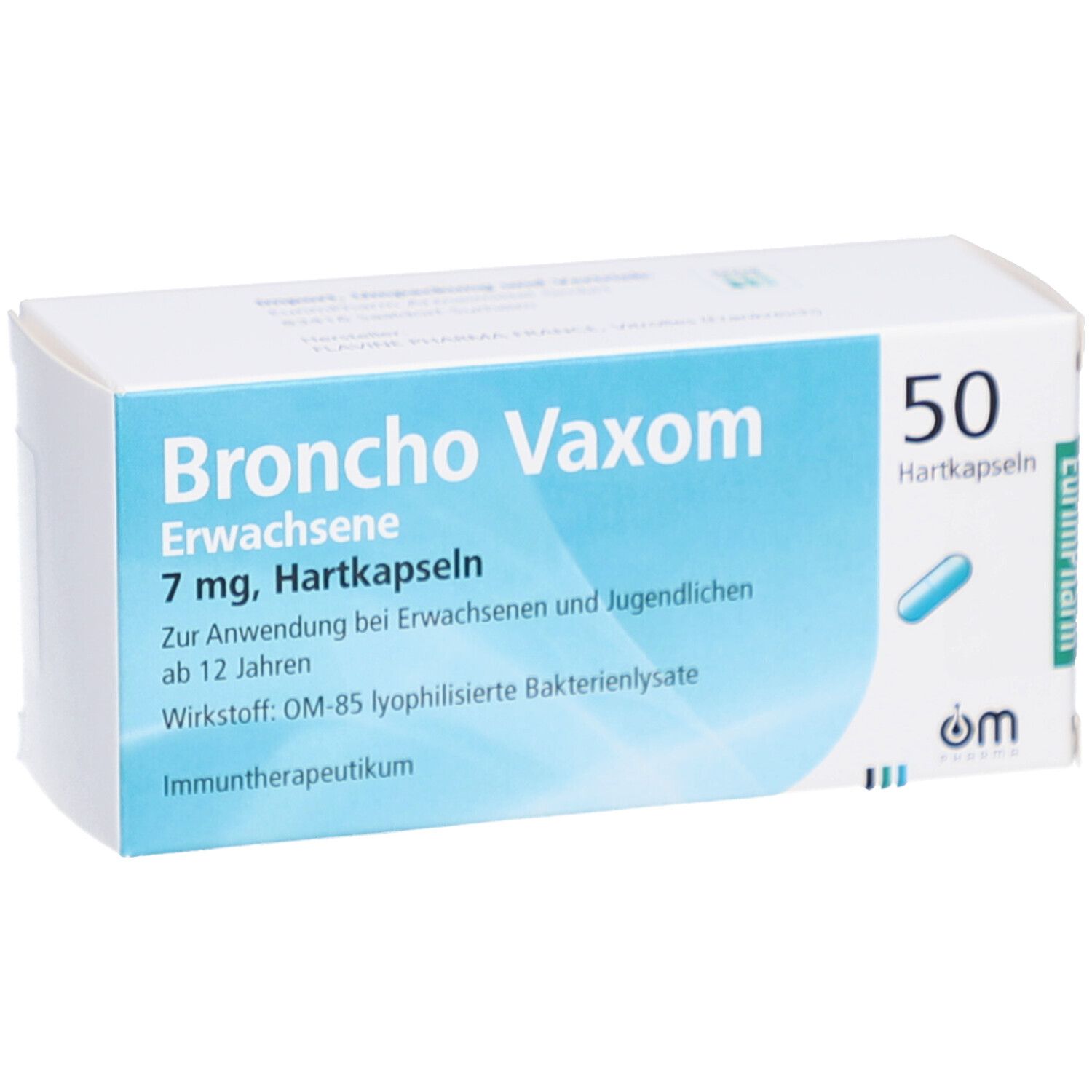 Schachtel "Broncho Vaxom Erwachsene" mit 50 Hartkapseln. Blaue Kapsel-Abbildung.