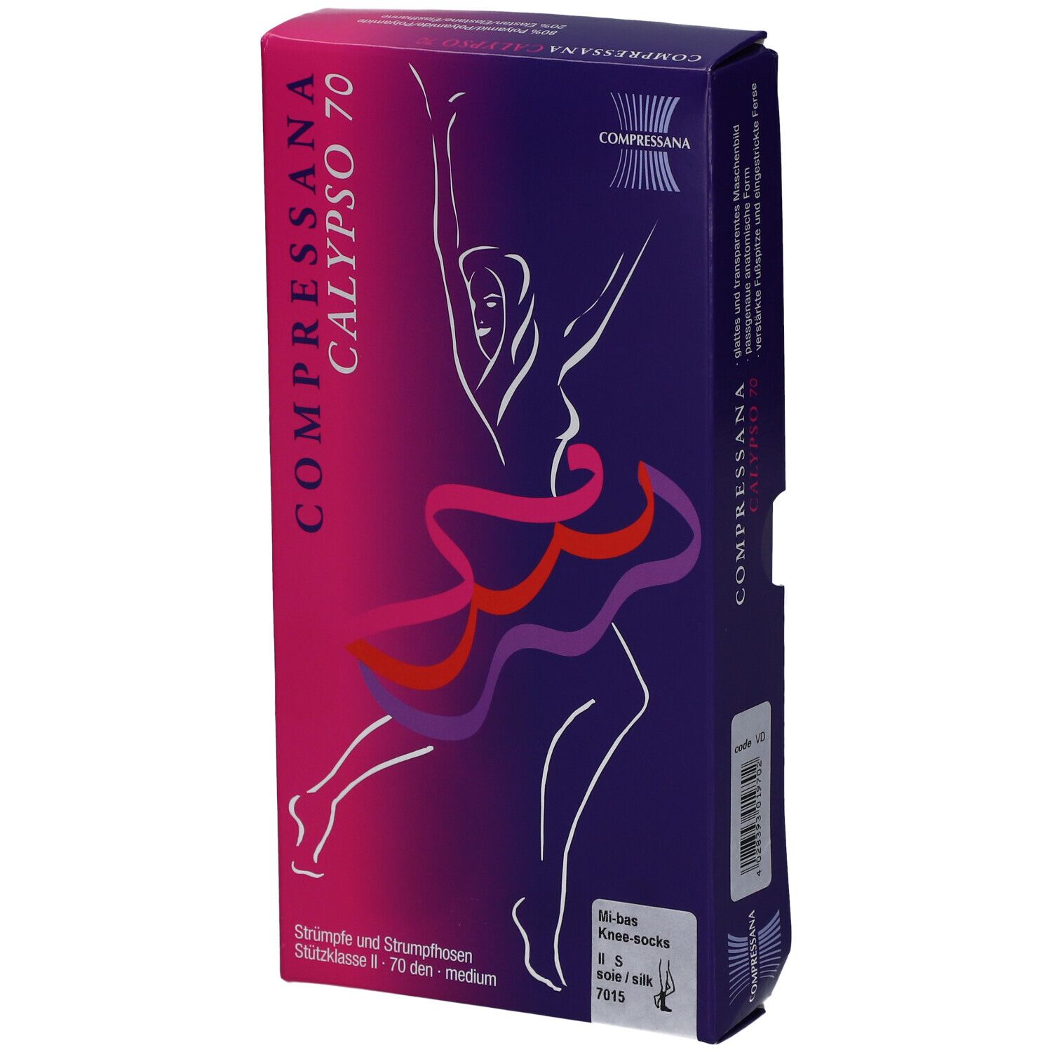 Verpackung von Compressana Calypso 70 Kniestrümpfen. Lila-rosa Farbverlauf mit Abbildung einer Tänzerin. Text: CALYPSO 70, Kniestrümpfe.