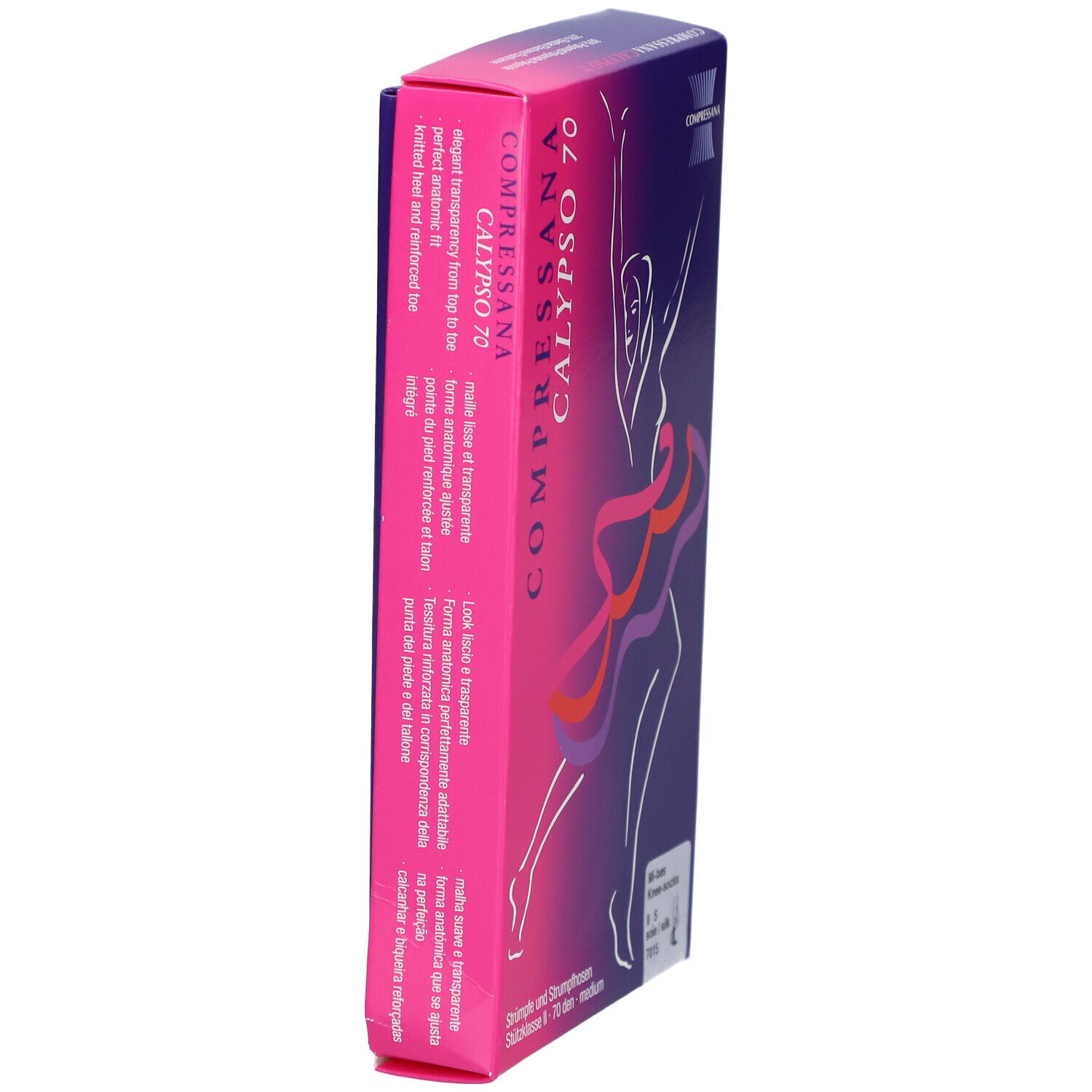 Seitenansicht der Verpackung von Compressana Calypso 70. Text: CALYPSO 70. Informationen über das Produkt in verschiedenen Sprachen.