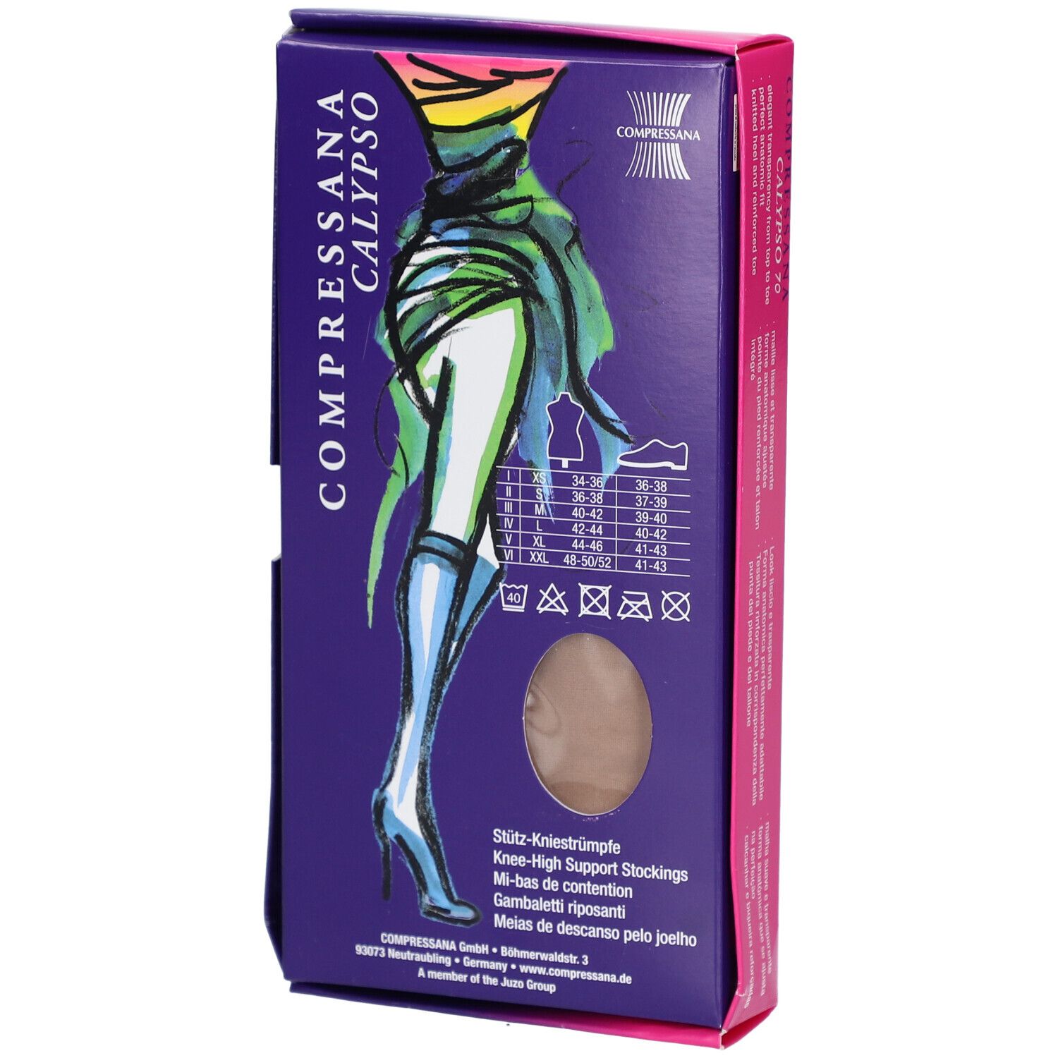Verpackung von Compressana Calypso 70. Darstellung einer Bein-Illustration mit Größentabelle. Text: CALYPSO 70, Kniestrümpfe.