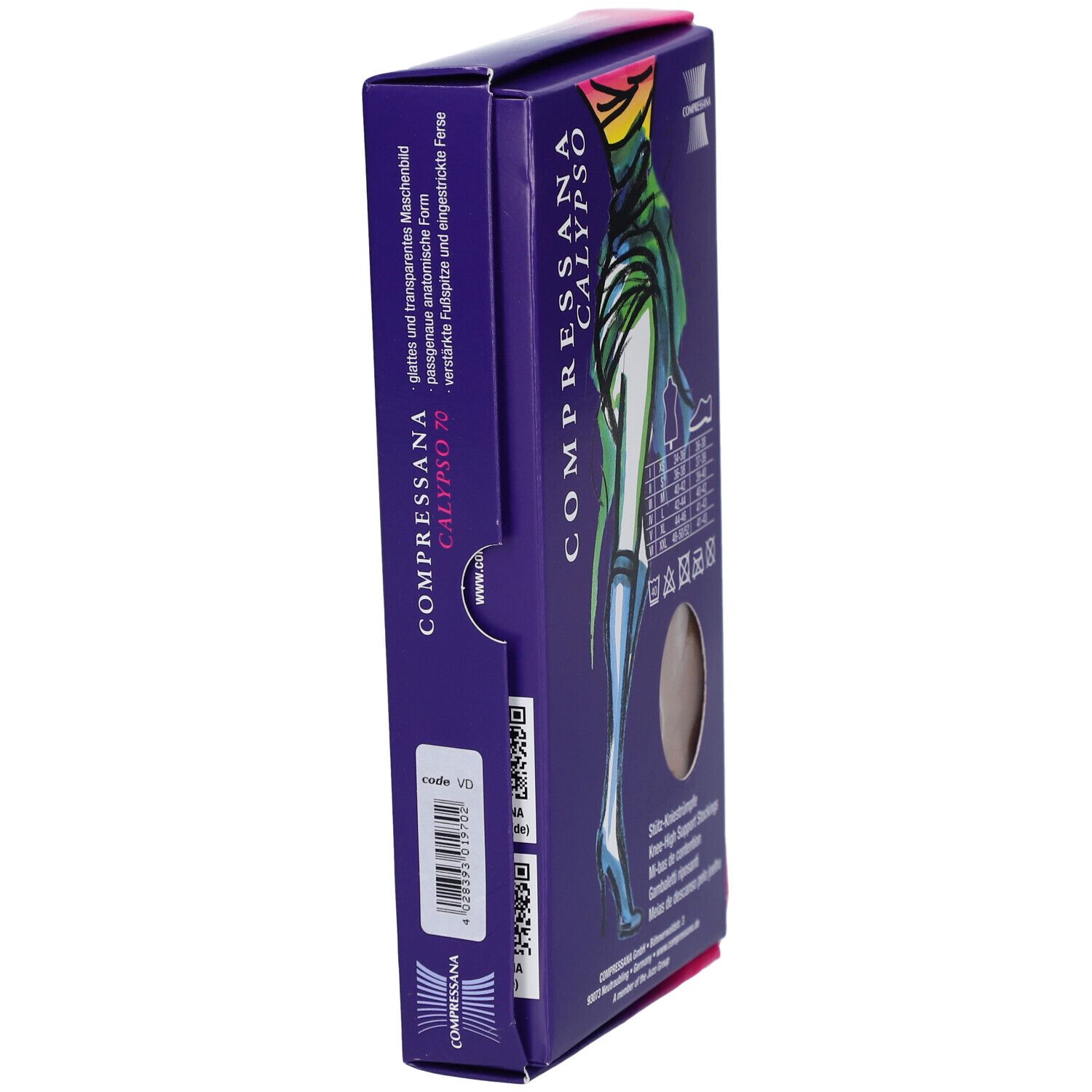 Seitenansicht der Verpackung von Compressana Calypso 70. Text: CALYPSO 70. QR-Code und weitere Produktinformationen.