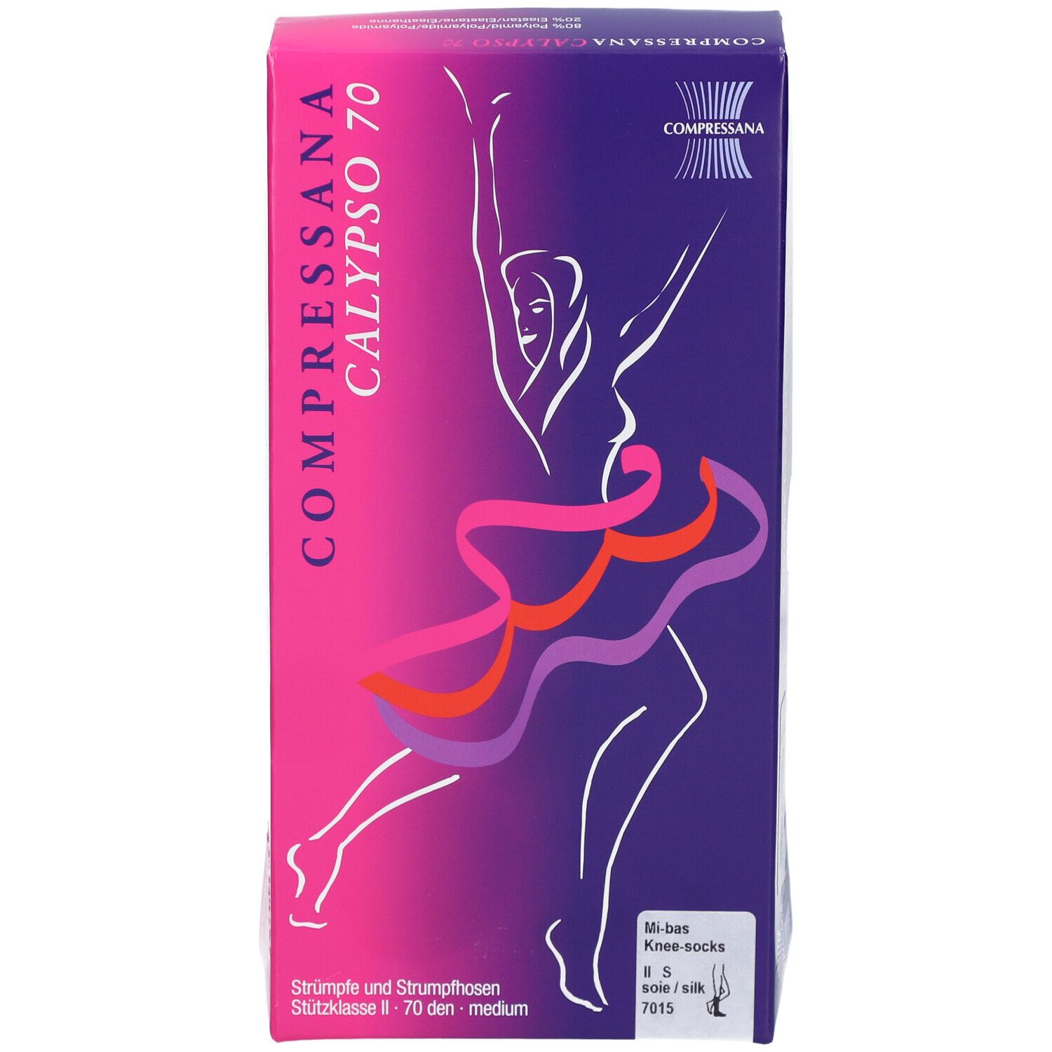 Verpackung von Compressana Calypso 70 Kniestrümpfen. Lila-rosa Farbverlauf mit Abbildung einer Tänzerin. Text: CALYPSO 70, Kniestrümpfe.