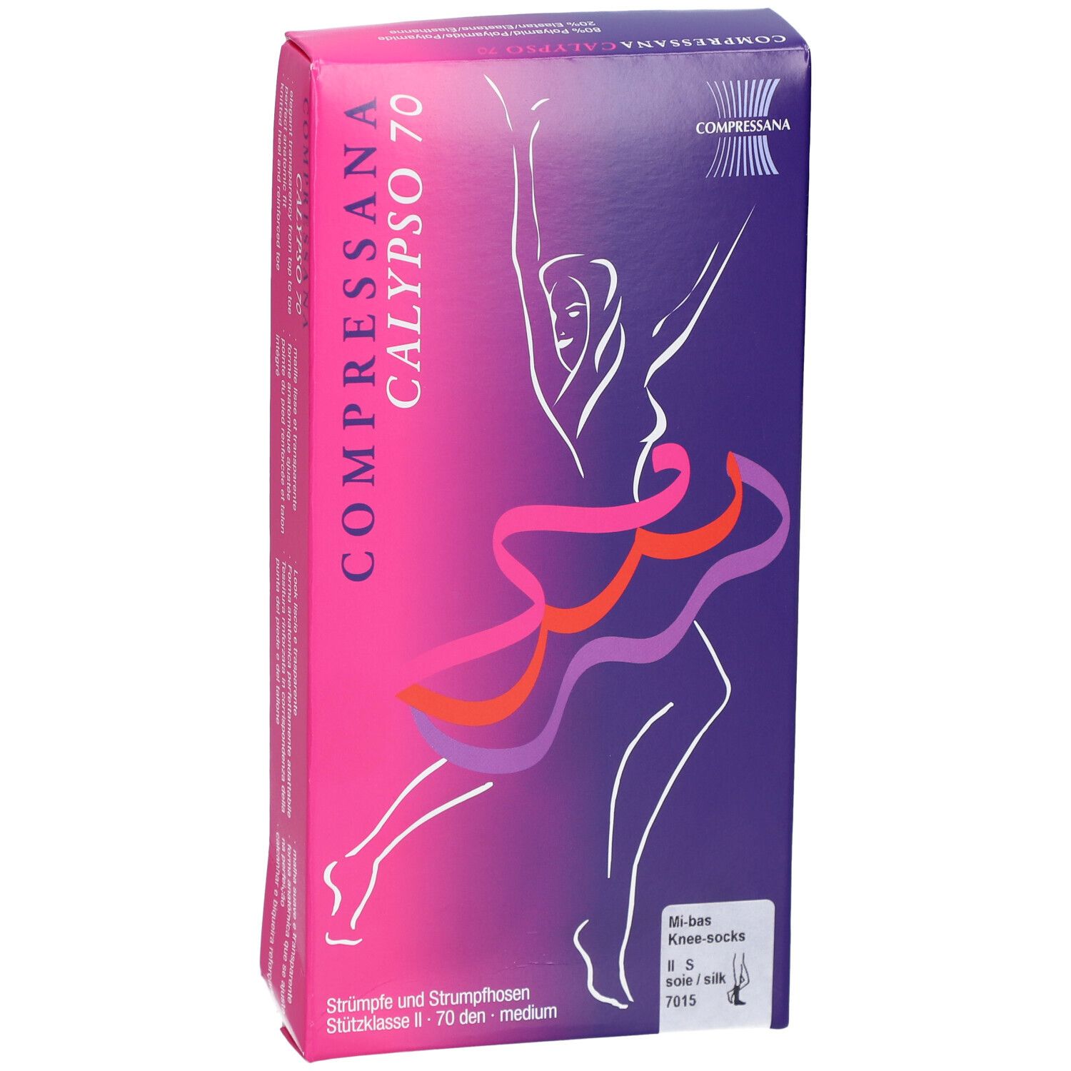 Verpackung von Compressana Calypso 70 Kniestrümpfen. Lila-rosa Farbverlauf mit Abbildung einer Tänzerin. Text: CALYPSO 70, Kniestrümpfe.