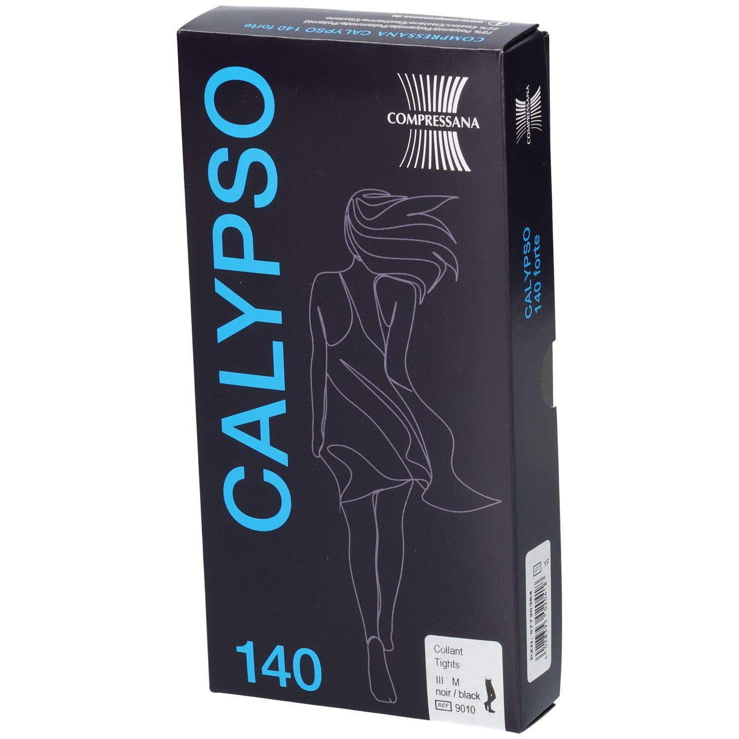 Schwarze Verpackung mit Produktnamen CALYPSO und 140. Illustration einer Frau. Marke COMPRESSANA.