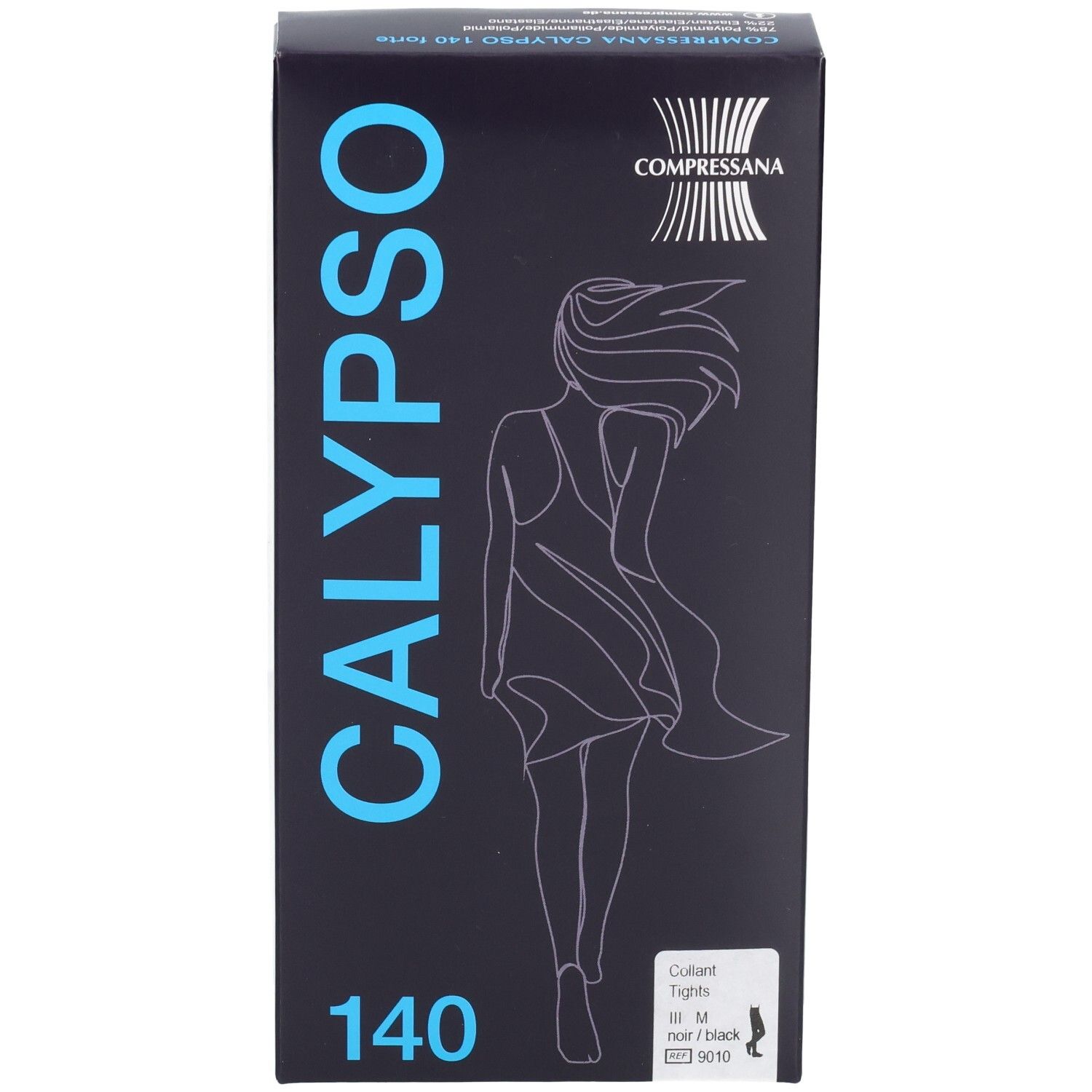 Schwarze Verpackung mit CALYPSO und 140. Illustration einer Frau. Marke COMPRESSANA. Collant. Größe M.