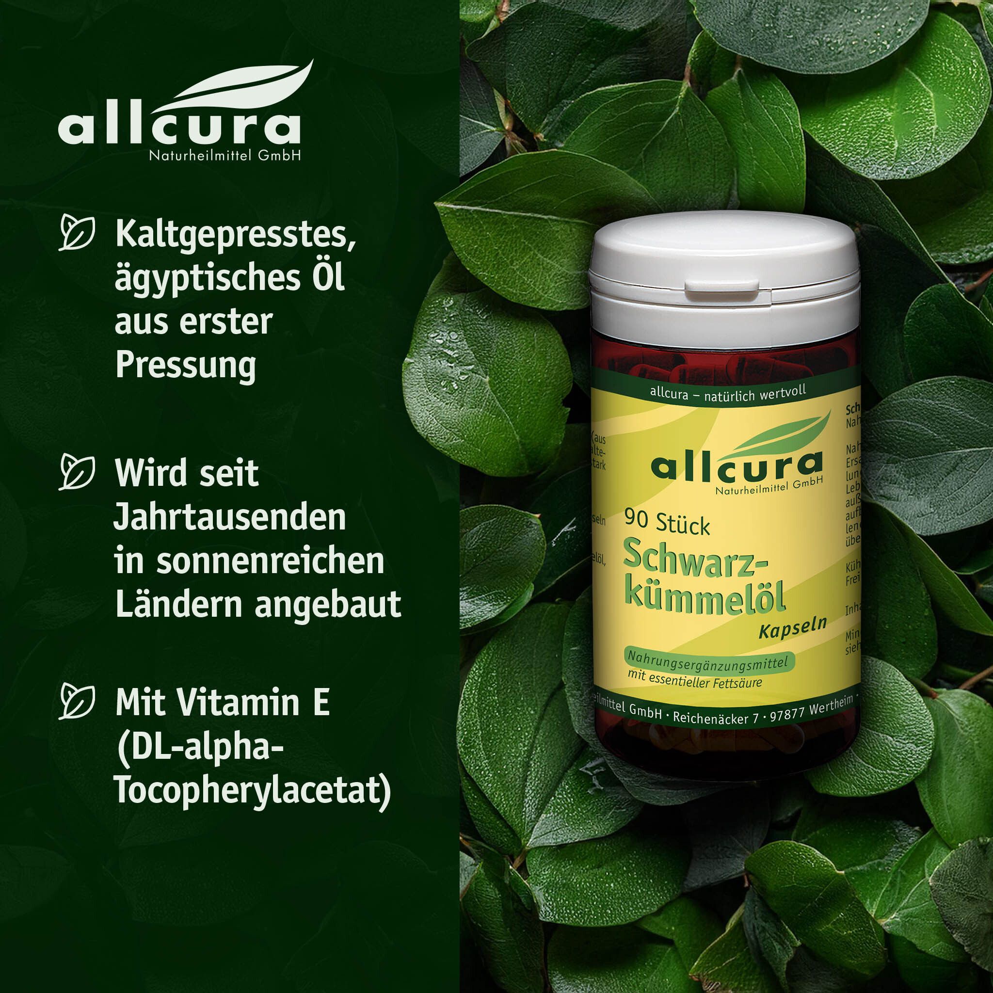 Dose mit weißem Deckel, umgeben von Blättern. Text: Kaltgepresstes, ägyptisches Öl, Vitamin E.