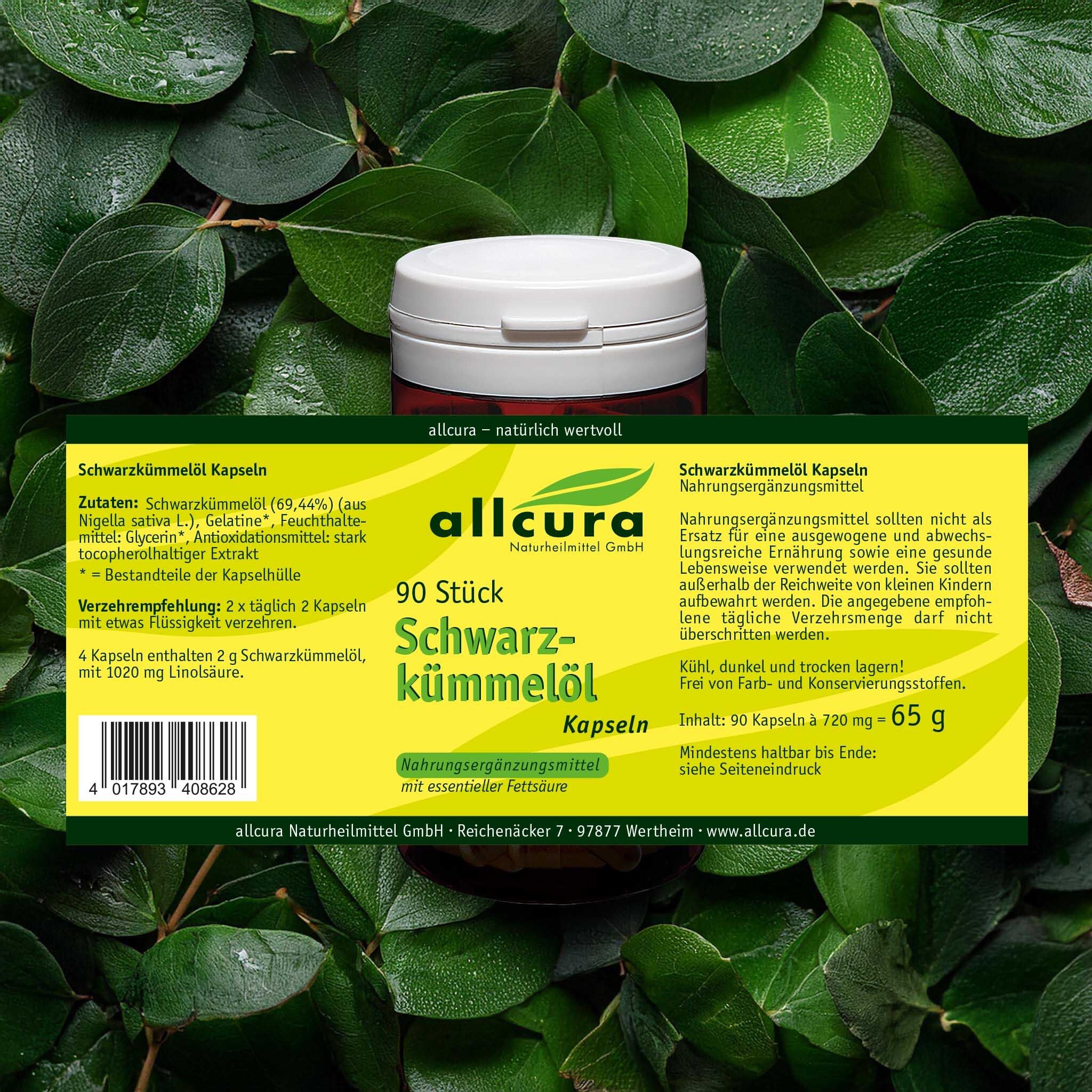 Dose mit weißem Deckel, umgeben von Blättern. Aufschrift: 90 Stück Schwarzkümmelöl Kapseln.