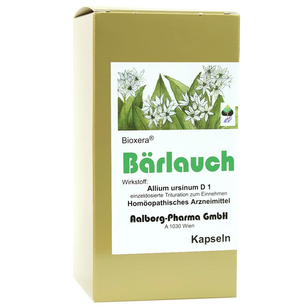Bioxera® Bärlauch in einer goldfarbenen Schachtel. Aufschrift: Kapseln, Wirkstoff: Allium ursinum D 1.