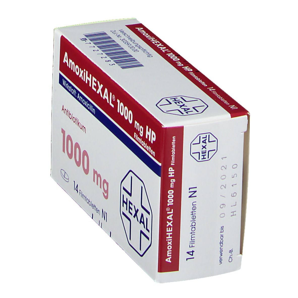 Schachtel AmoxiHEXAL 1000 mg HP Filmtabletten, perspektivisch. Rote und blaue Schrift. 14 Filmtabletten. HEXAL Logo.