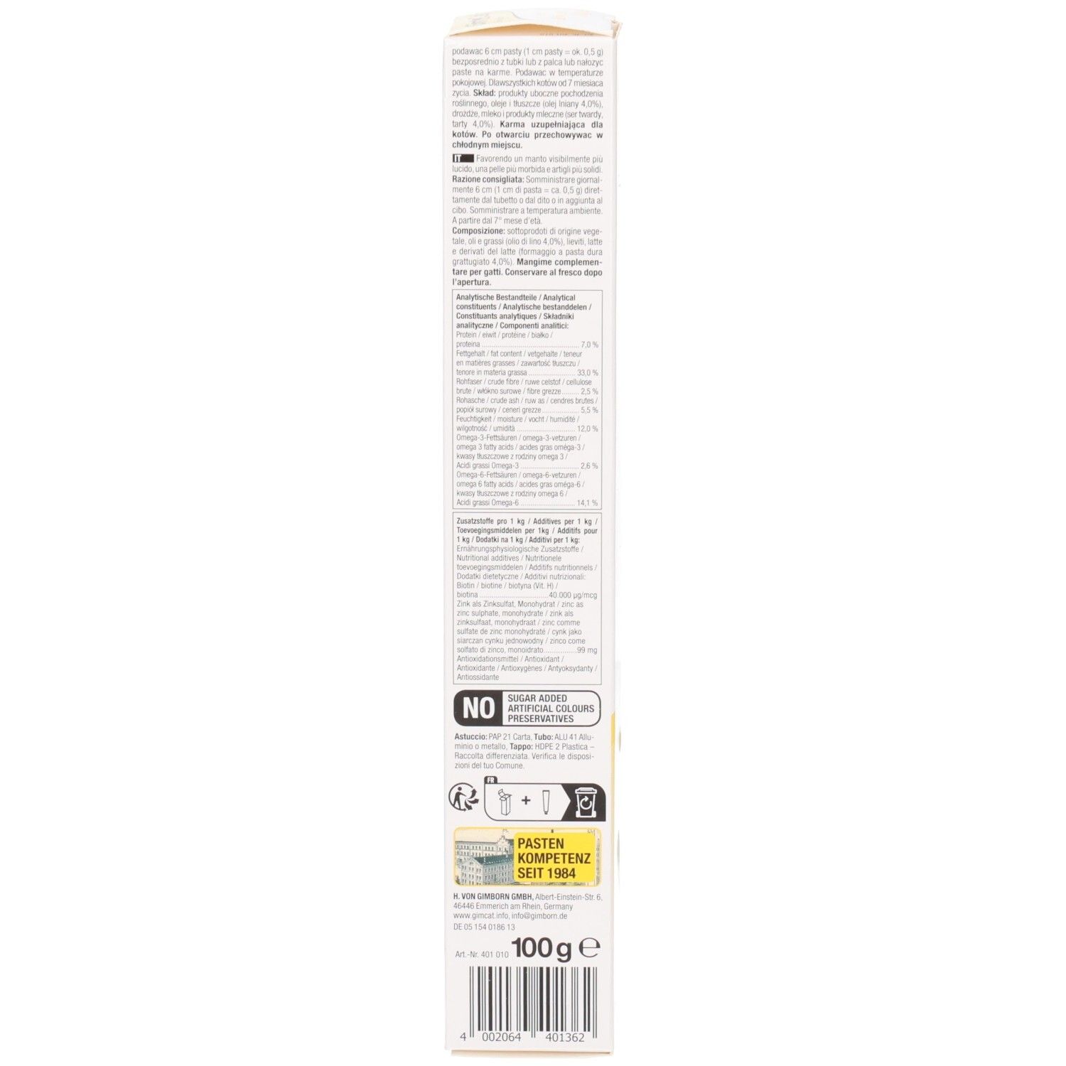 Kartonverpackung mit Text. Unten steht "100 g e". Aufdruck "PASTEN KOMPETENZ SEIT 1984".