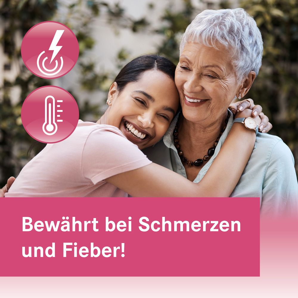 Zwei Frauen umarmen sich. Text: Bewährt bei Schmerzen und Fieber!