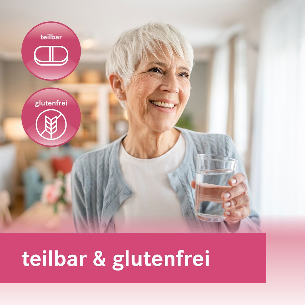 Ältere Frau mit Glas Wasser. Text: teilbar & glutenfrei.