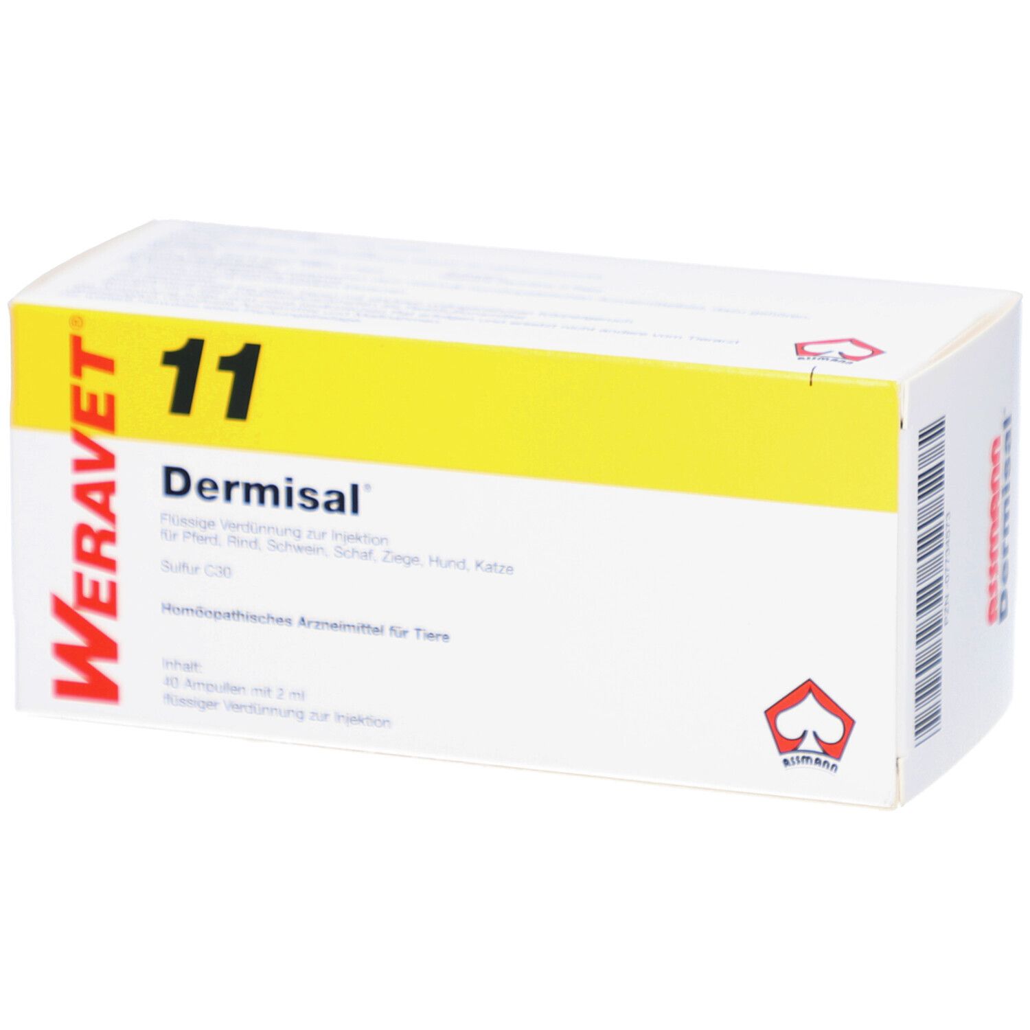 Weißer Karton mit gelbem Streifen. Aufschrift: 11, Dermisal, WERA VET. Rotes Logo. Text in Deutsch.